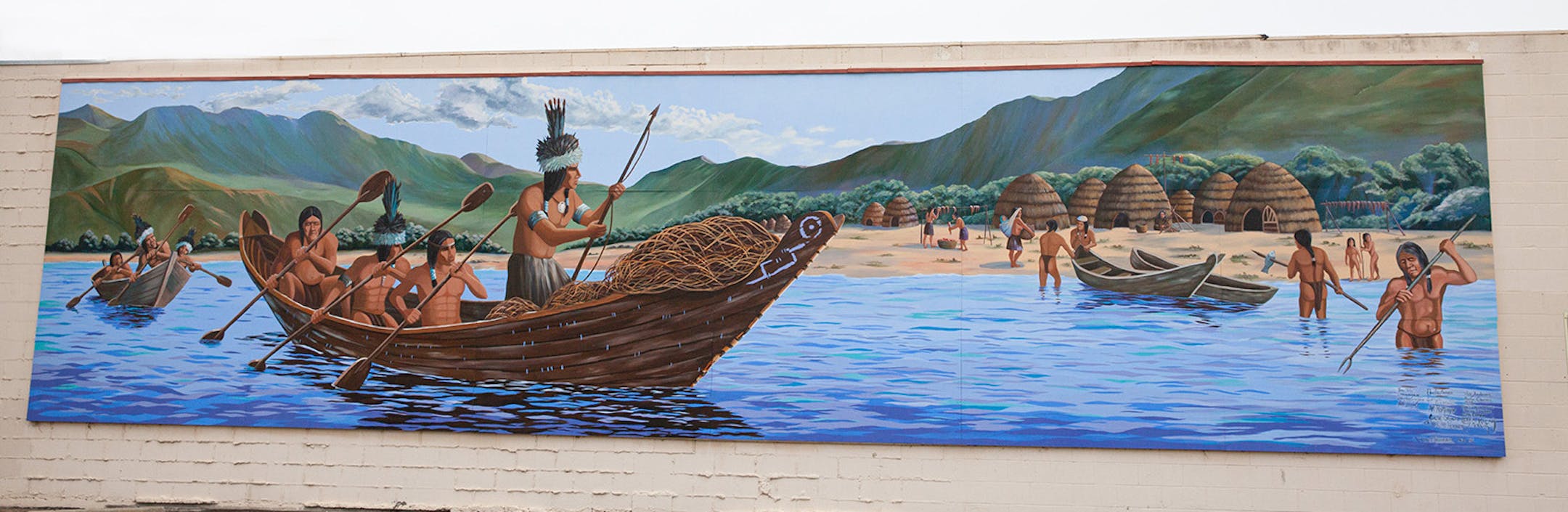 The 1991 mural "Chumash Indians," Robert Thomas Kooskia, designer, painted with volunteers as part of the "Mural in a Day" project. The painting remembers the indigenous people who lived on the coast for millennia and who gave their name to the town (lom poc means lagoon, or still water) and to the mission (purisima is one of several Chumash languages). (Steve Haggerty/ColorWorld/TNS)