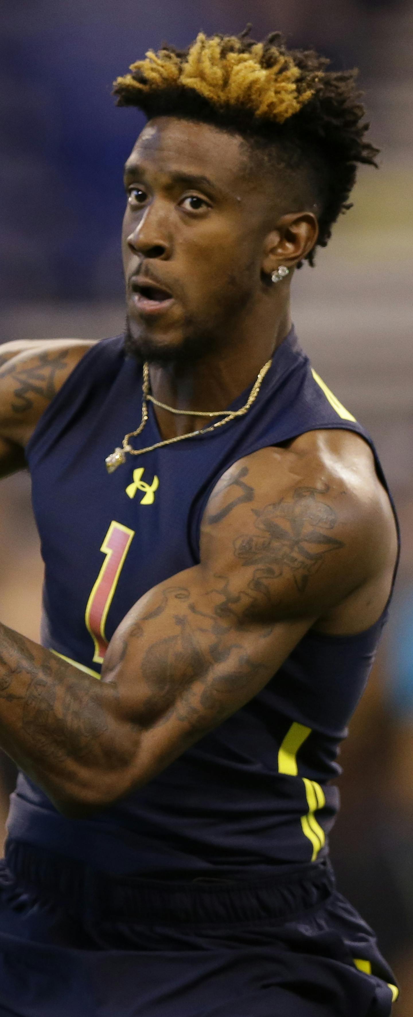 South Florida wide receiver Rodney Adams runs a drill at the NFL football scouting combine in Indianapolis, Saturday, March 4, 2017. (AP Photo/Michael Conroy) ORG XMIT: INMC10