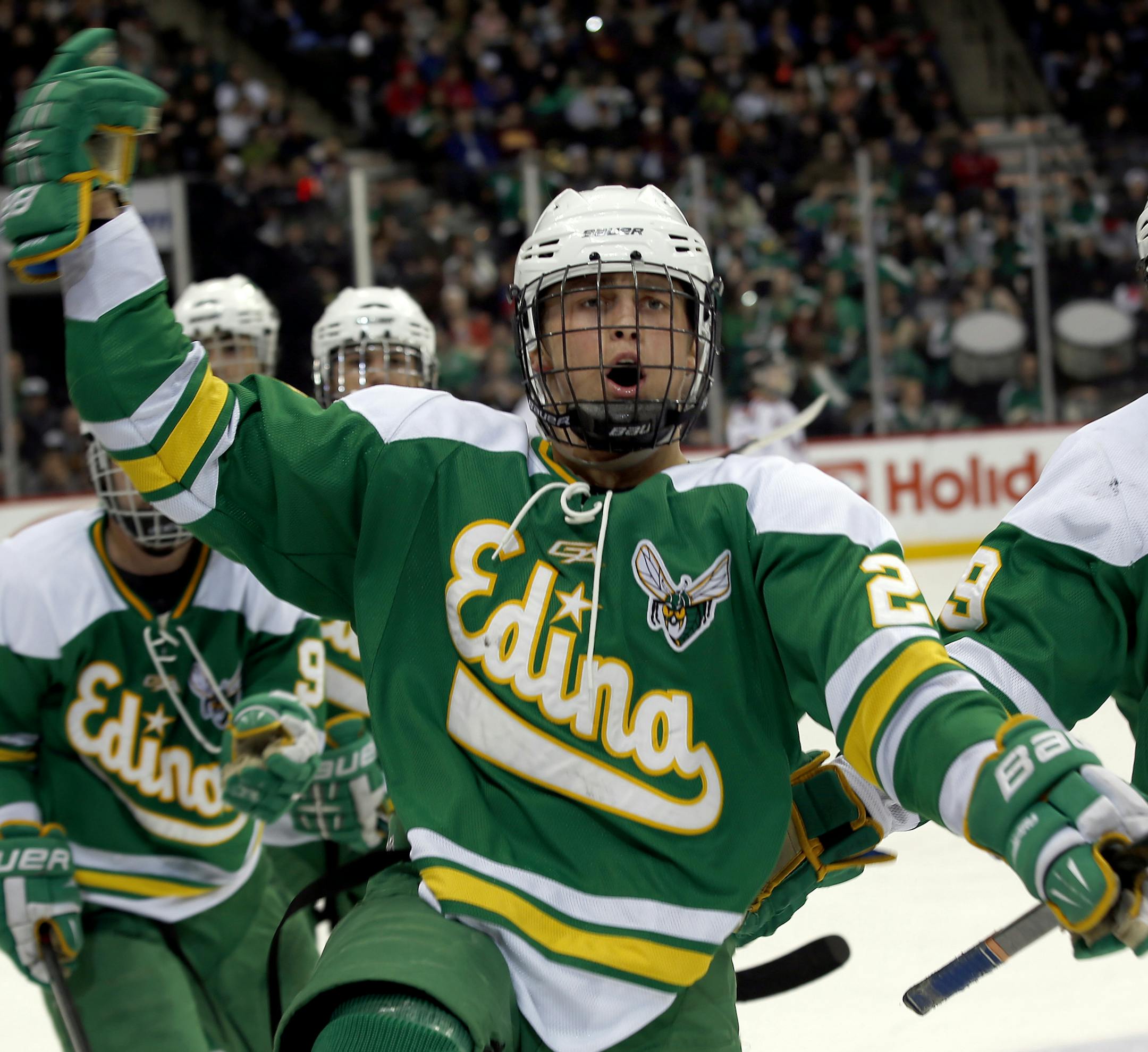 Tyler Nanne (23) of Edina celebrated after scoring a goal in the third period. Edina beat Duluth East by a final score of 3-2. ] CARLOS GONZALEZ cgonzalez@startribune.com - March 8, 2013, St. Paul, Minn., Xcel Energy Center, Minnesota High School Boys State Hockey, 2A Semi Finals, Edina vs. Duluth East
