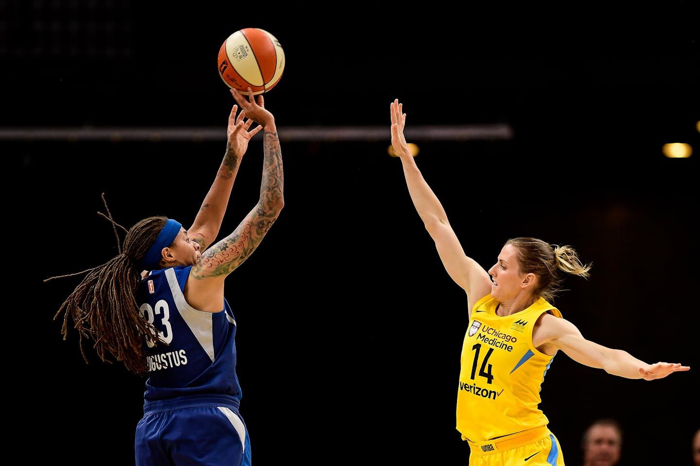 Minnesota Lynx guard Seimone Augustus (33) hits a jumper over Chicago Sky guard Allie Quigley (14) in the second quarter of a preseason game on Saturday, May 12, 2018, at Target Center in Minneapolis. The Lynx won, 87-58. (Aaron Lavinsky/Minneapolis Star Tribune/TNS)