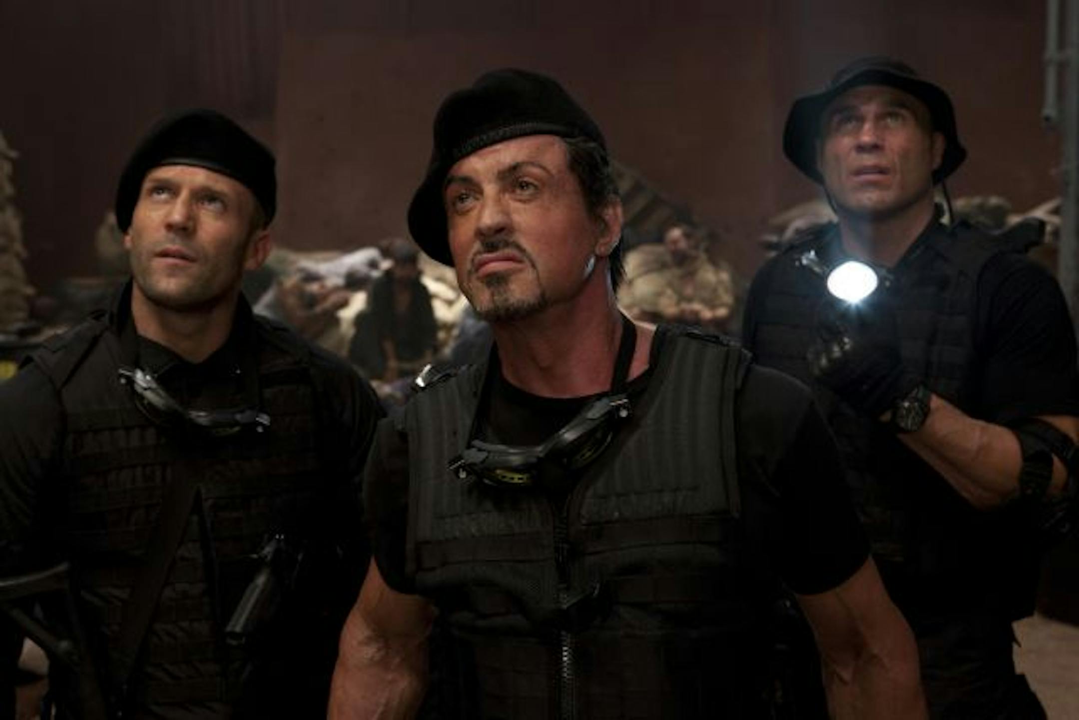 From left: Jason Statham, Sylvester Stallone and Randy Couture in "The Expendables."