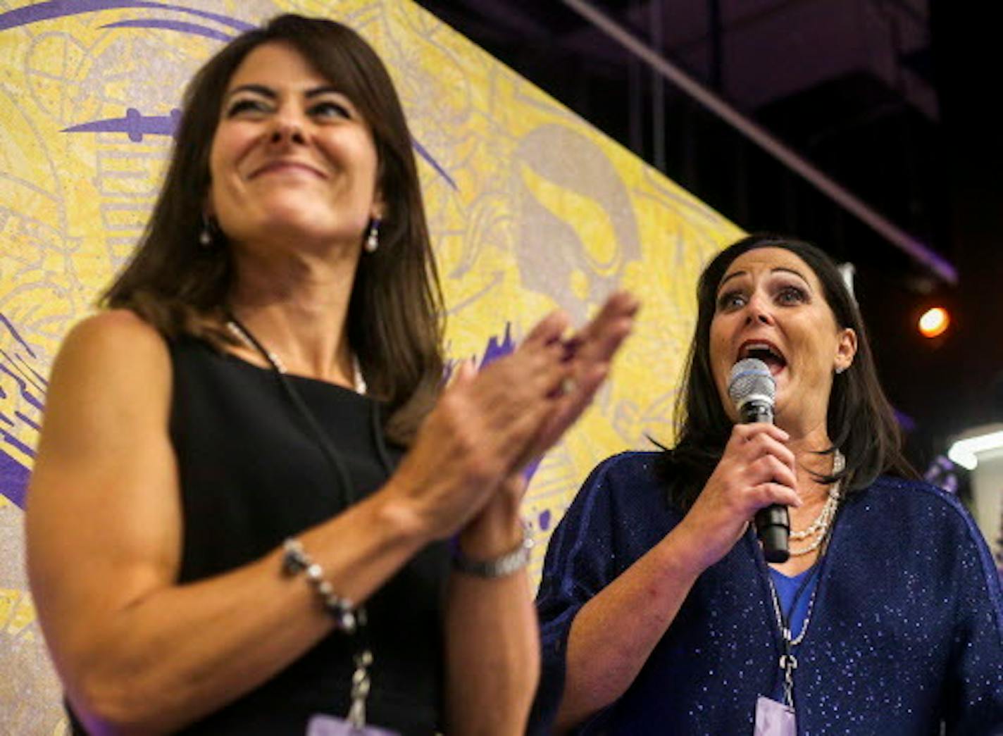 Minnesota Vikings Art Collection curators Camille Speca and Tracie Speca-Ventura applaud and greet the visitors before the tour afterparty.  ] Timothy Nwachukwu ' timothy.nwachukwu@startribune.com  Artists and guests were invited for a special viewing of their artwork installed in U.S. Bank Stadium on Monday, July 25, 2016.