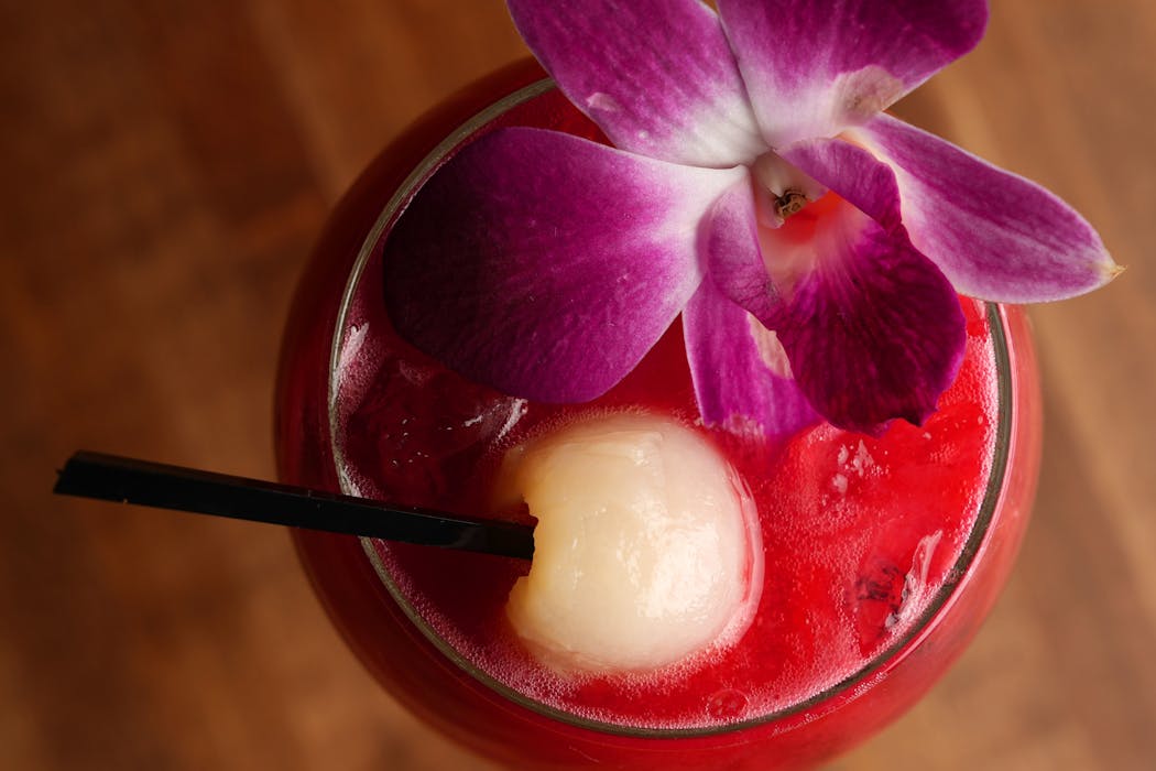 Gin, raspberry and lychee puree and housemade sour combine to give make the Lychee Love. 