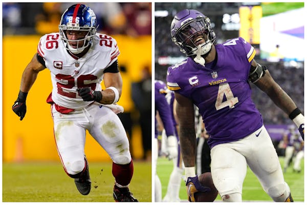 Saturday’s game between the Vikings and the Giants features two of the top running backs in the NFL, Saquon Barkley, left, and Dalvin Cook. 