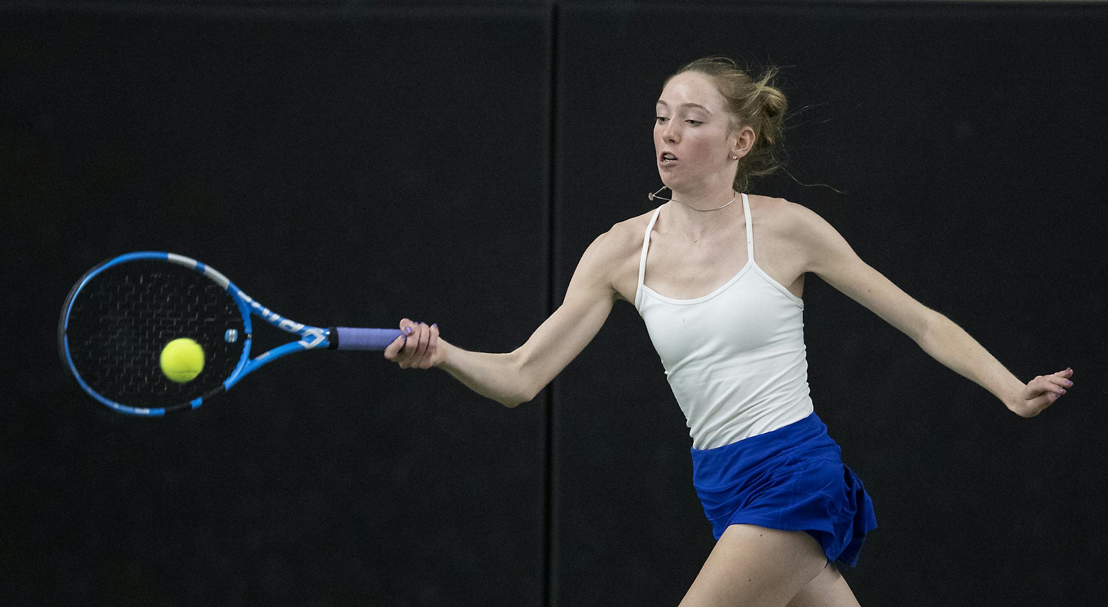 Eastview's Karin Young took on Edina's Nicole Copeland in the Class 2A girls' tennis singles finals Friday at the Baseline Tennis Center at the University of Minnesota. Young won the match 6-4, 6-1. Photo: ELIZABETH FLORES • liz.flores@startribune.com