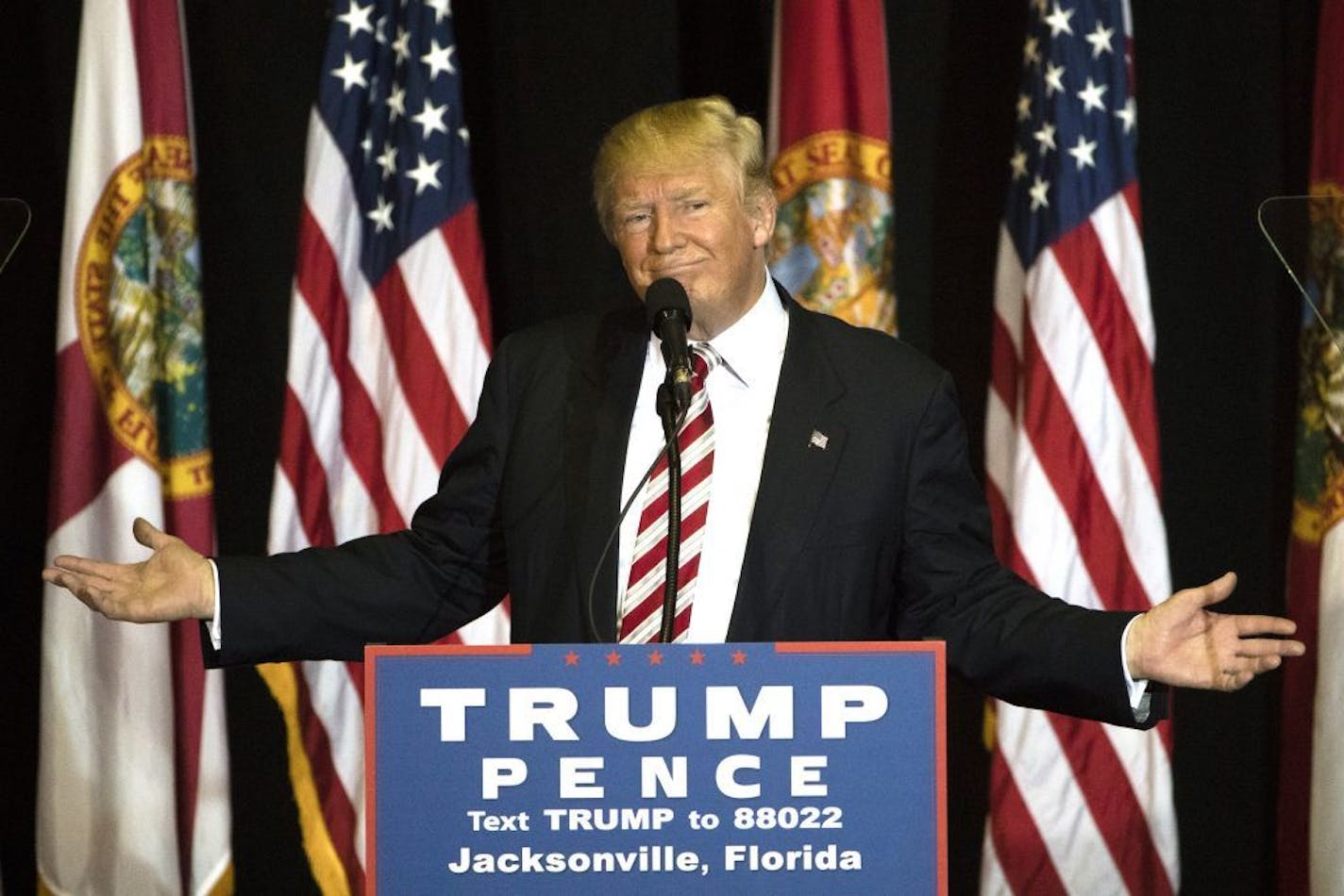 Republican presidential candidate Donald Trump speaks during a campaign stop at the Jacksonville Equestrian Center in Jacksonville, Fla., on Thursday.