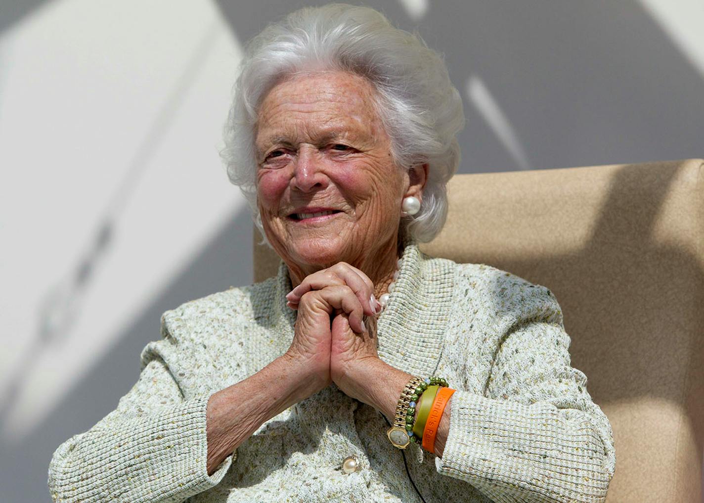 FILE - In a Thursday, Aug. 22, 2013, file photo, Former first lady Barbara Bush listens to a patient's question during a visit to the Barbara Bush Children's Hospital at Maine Medical Center in Portland, Maine. A family spokesman said Sunday, April 15, 2018, that the former first lady Barbara Bush is in "failing health" and won't seek additional medical treatment.