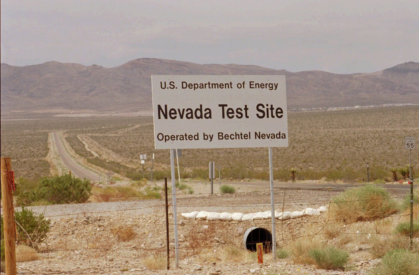 FILE—A sign sits at the entrance to the Nevada Test Site, Thursday, May 30, 1996, in Mercury, Nev., 65 miles northwest of Las Vegas. The U.S. Senate voted 65-34 Tuesday, April 15, 1997, to establish an interim nuclear waste dump at the Nevada Test Site. (AP Photo/Lennox McLendon)