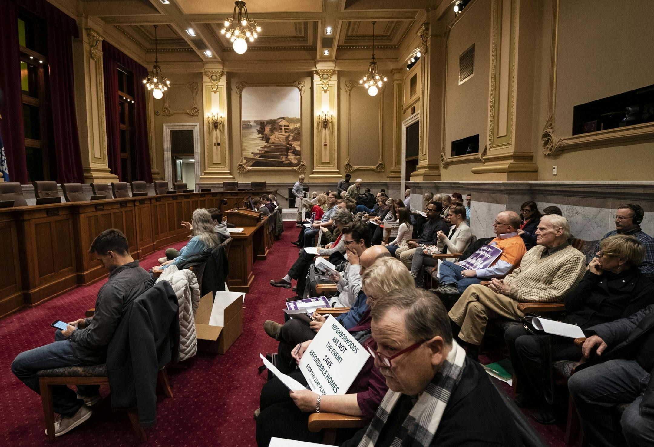 There was a full crowd in the chambers and overflow rooms during a public hearing on the 2040 Comprehensive Plan at City Hall in Minneapolis, Minn., on Wednesday, November 14, 2018.