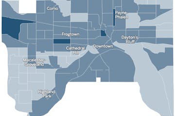 This is a preview image of a map of St. Paul by voting precinct, with each precinct shaded by what share of voters voted Yes on the 2021 rent control 