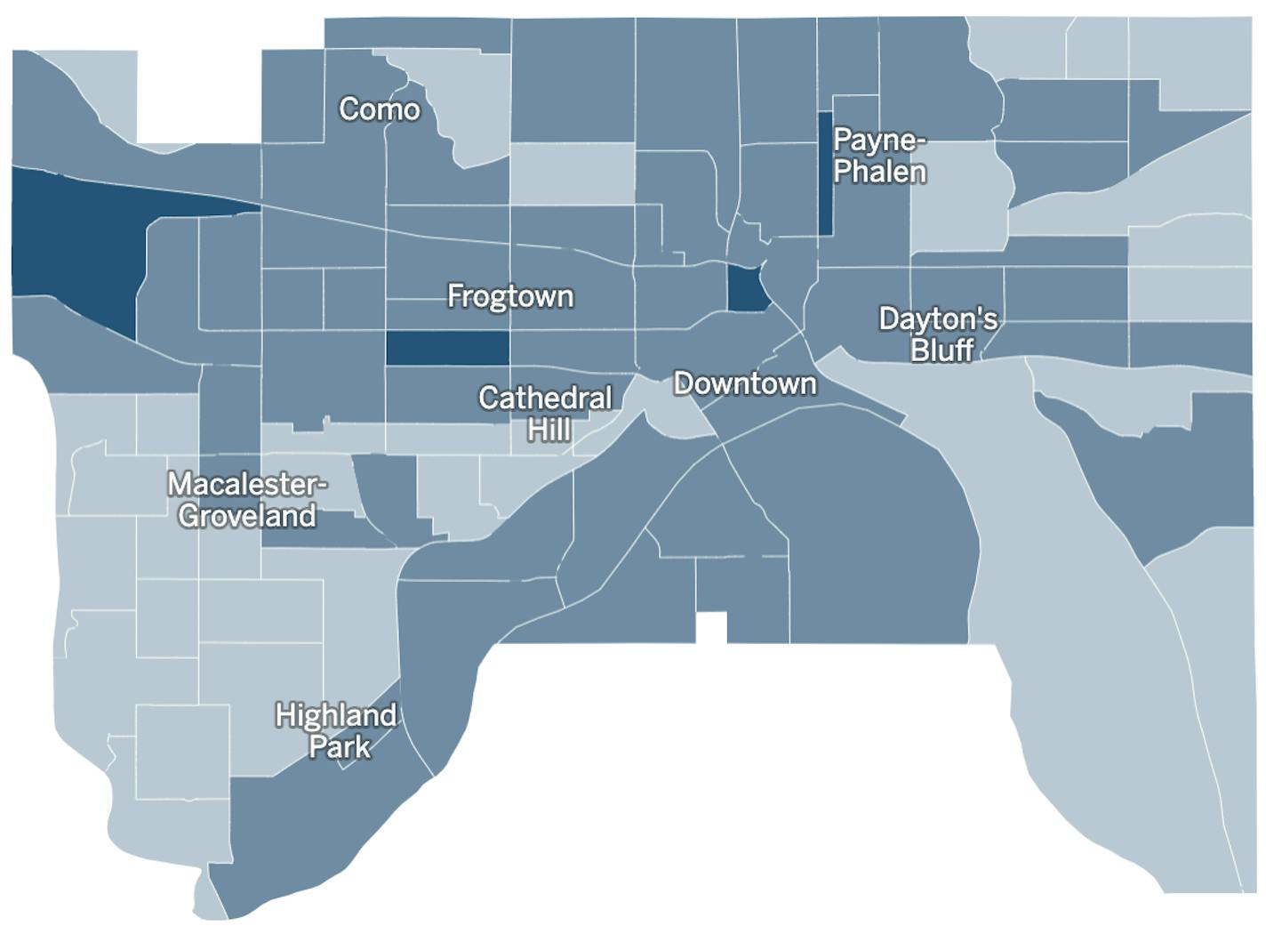 This is a preview image of a map of St. Paul by voting precinct, with each precinct shaded by what share of voters voted Yes on the 2021 rent control ballot measure.