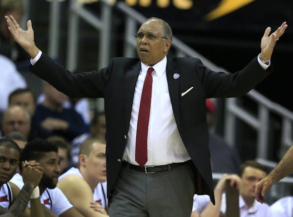Texas Tech head coach Tubby Smith questions a call during the second half of an NCAA college basketball game against TCU in the first round of the Big