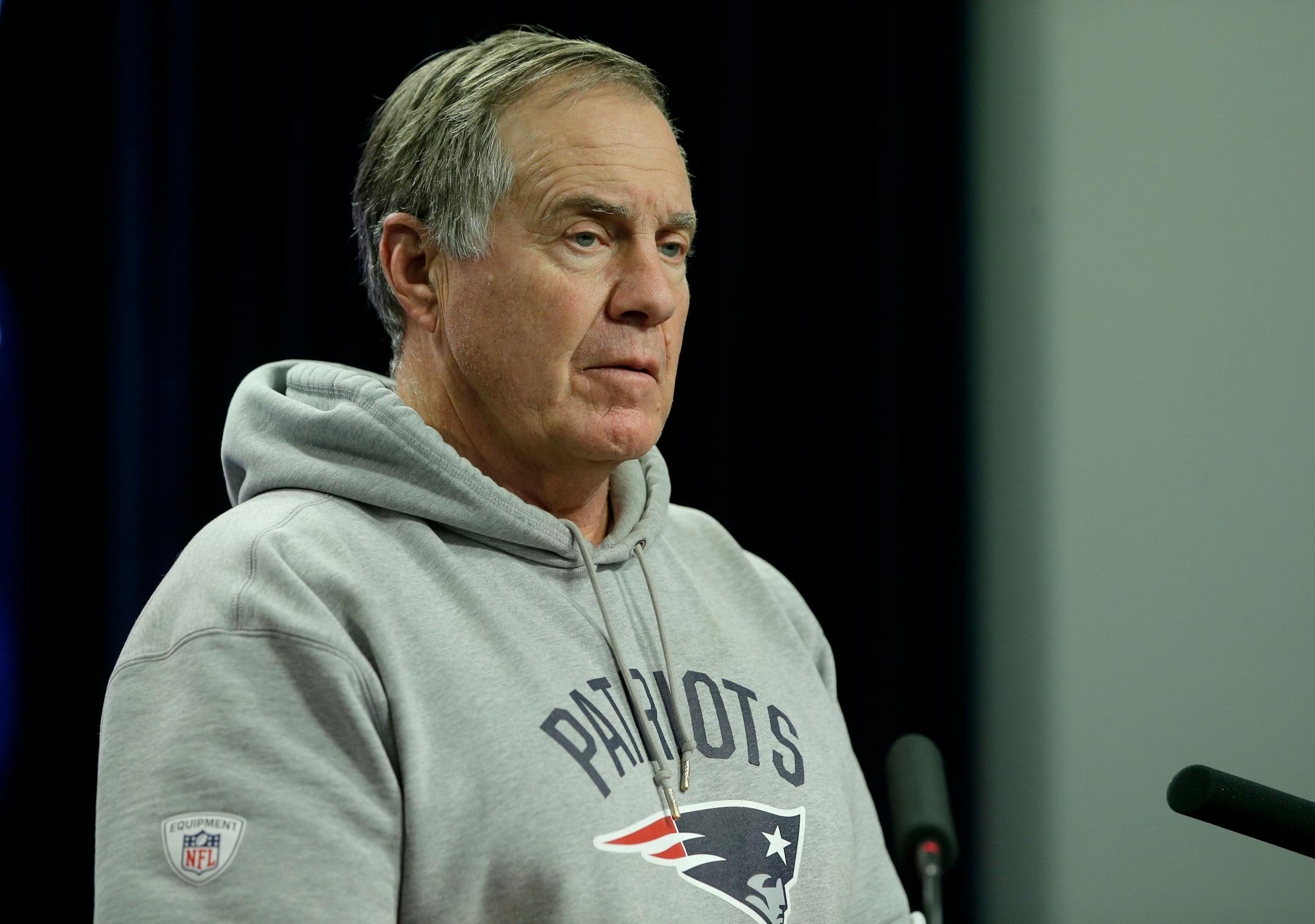 New England Patriots head coach Bill Belichick faces reporters before an NFL football practice, Wednesday, Nov. 28, 2018, in Foxborough, Mass. (AP Photo/Steven Senne)