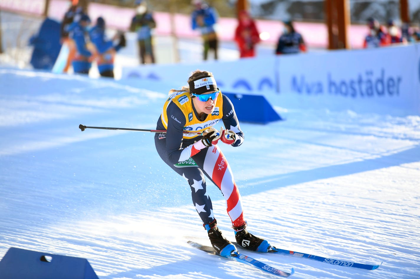 Jessie Diggins of the, in action, during the Women's Sprint Classic Qualification, at the FIS Cross Country World Cup, in Falun, Sweden, Sunday, Jan. 31, 2021. (Fredrik Sandberg/TT News Agency via AP)