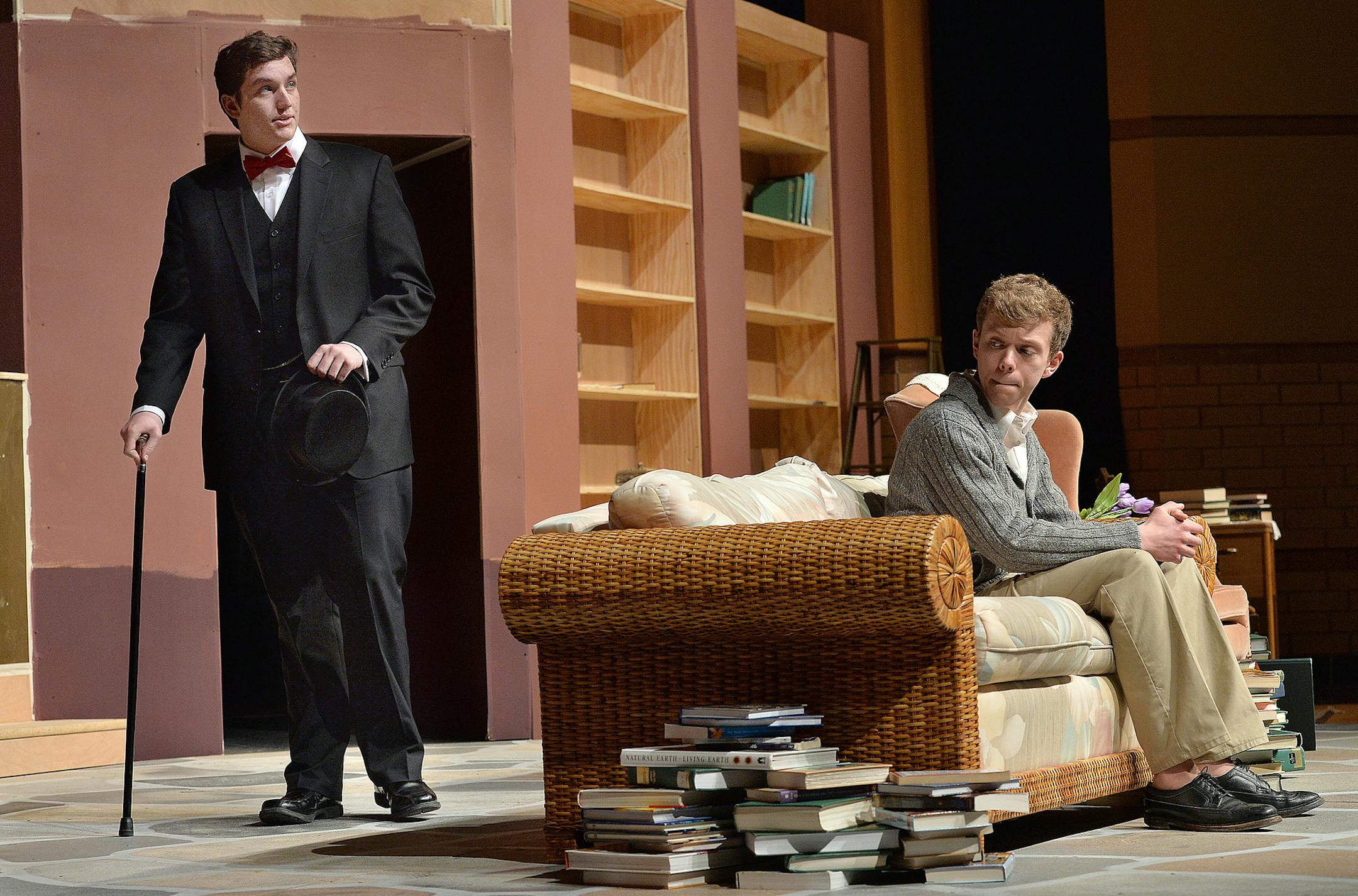 Aaron Boger, as Professor Karl Hendryk, rehearses a scene with Paul Nasvik, as Sir William Rollander, for the play Verdict opening April 12 at Prior Lake High School. ] (SPECIAL TO THE STAR TRIBUNE/BRE McGEE) **Aaron Boger (seated, "Professor Karl Hendryk"), Paul Kasvik (standing, "Sir William Rollander")