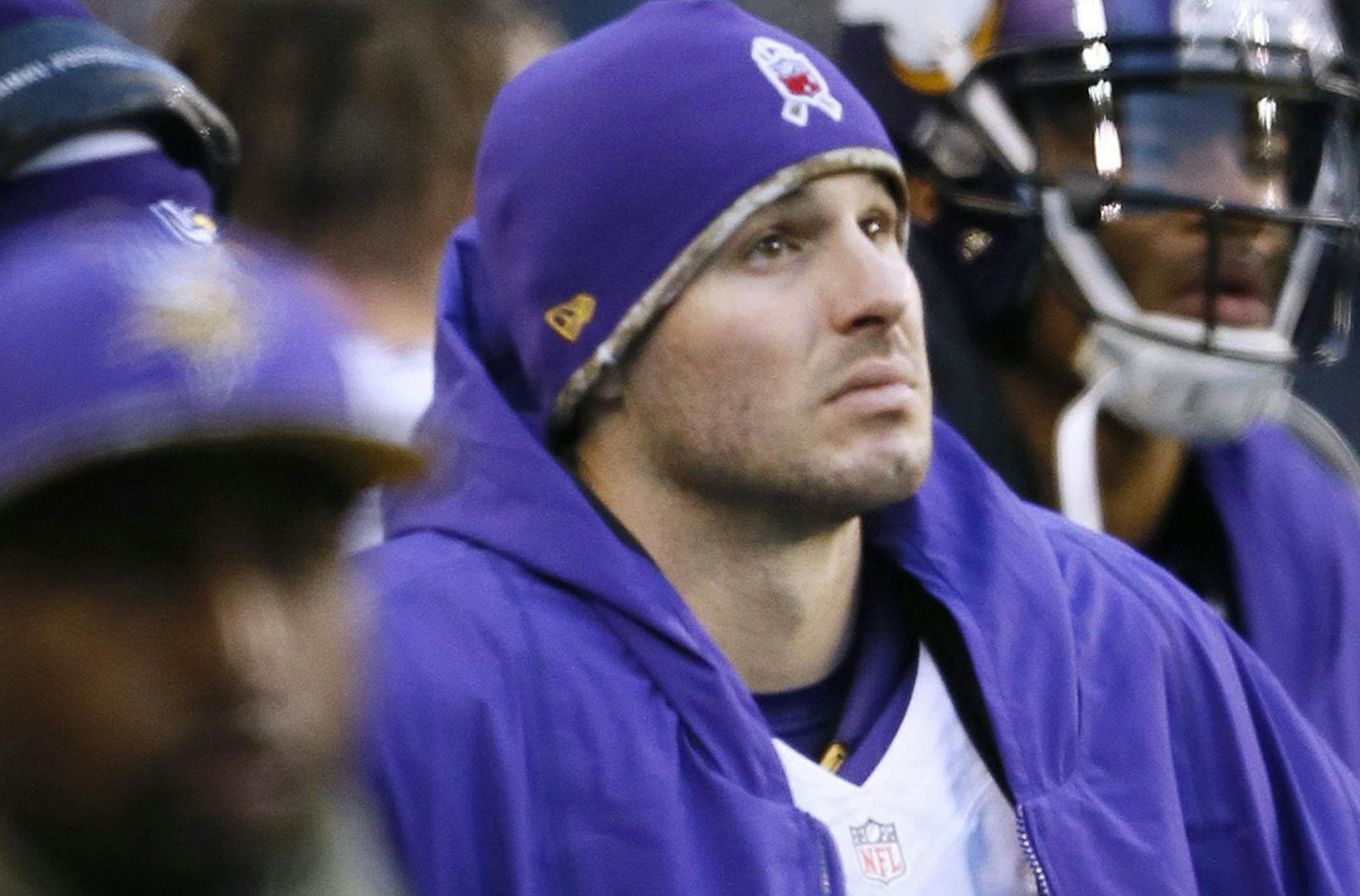 Christian Ponder (7) of the Minnesota Vikings was pulled from the game after throwing interceptions in the fourth quarter against the Seattle Seahawks at CenturyLink Field in Seattle on Sunday, Nov. 17, 2013. (Jerry Holt/Minneapolis Star Tribune/MCT) ORG XMIT: 1145714 ORG XMIT: MIN1311172132542779