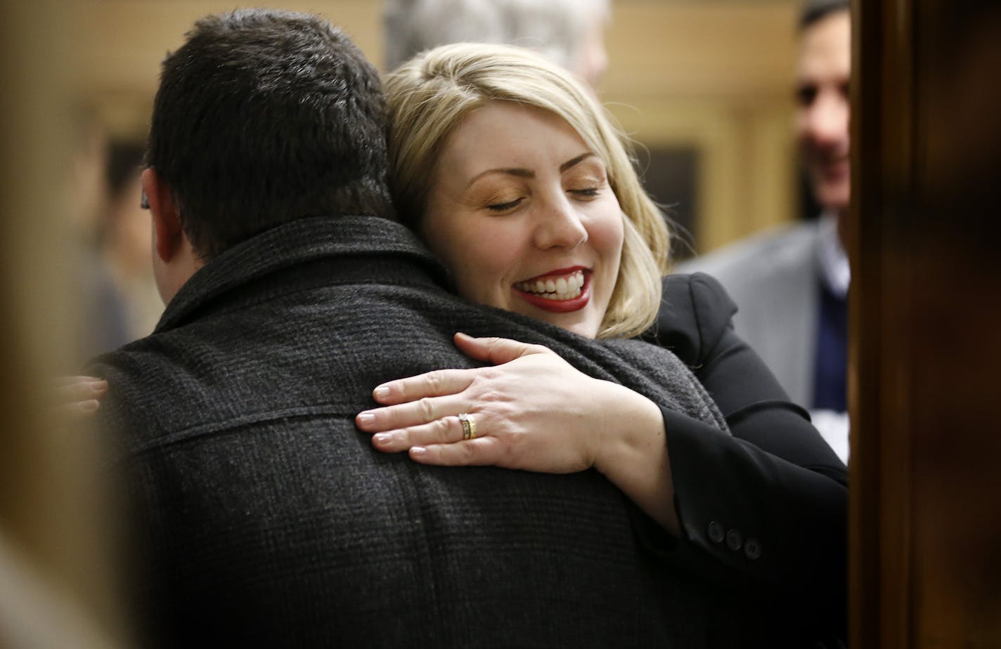 Miranda Morton, Executive Director of the Agamim Academy in Hopkins, Minn. received a hug during a tour of the new charter school. ] CARLOS GONZALEZ cgonzalez@startribune.com, January 13, 2015, Hopkins, Minn., Feature on Agamim, the country's first Hebrew school to be taught via Classical Instruction, a specific teaching approach used at some charter schools. The school will open next fall in Hopkins and already has about 153 prospective students. On 1/13, families will be able to tour the schoo