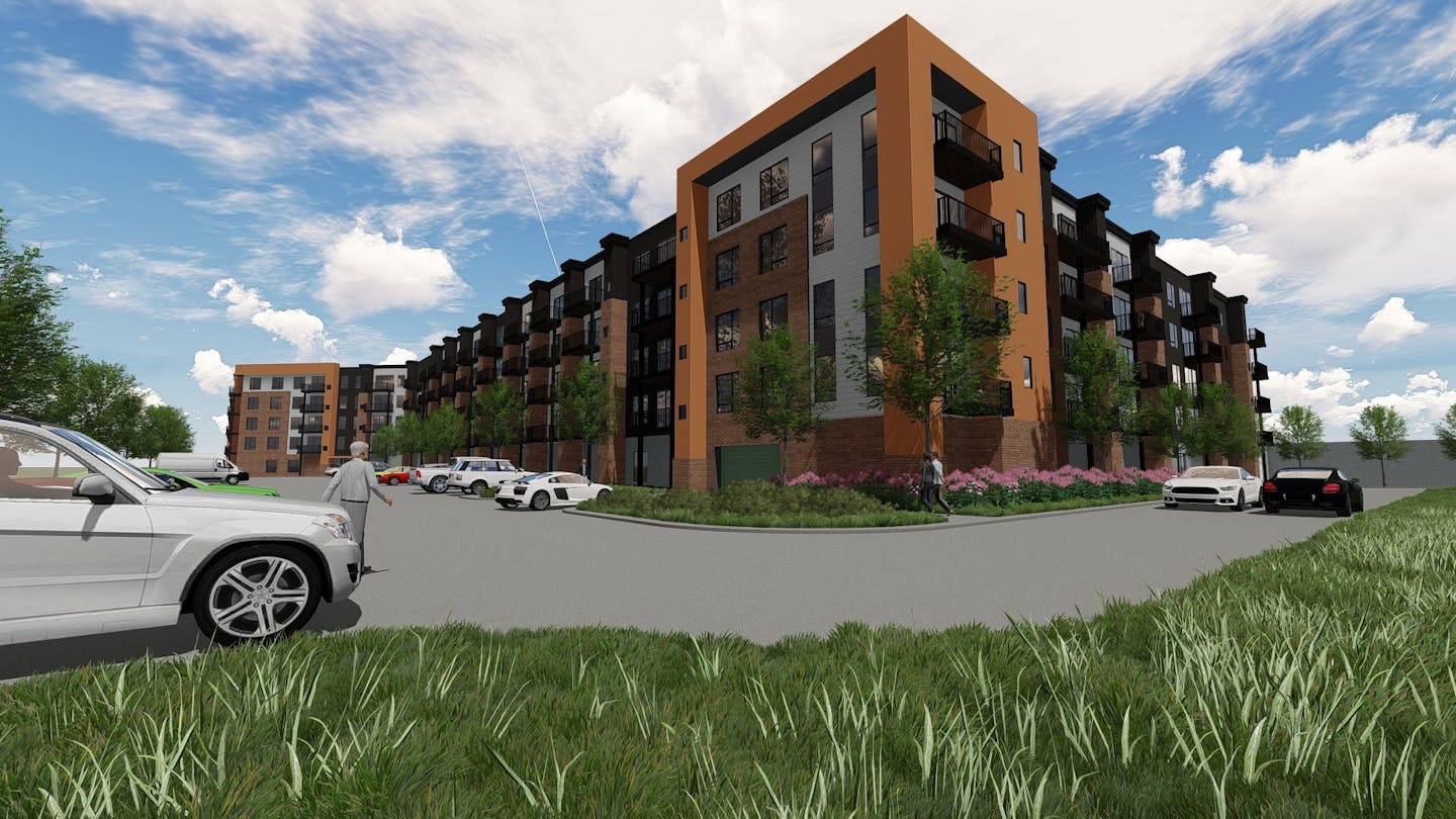 Developer Kelly Doran has obtained financing to build a pair of matching four-story buildings in St. Anthony with 492 units that will wrap around a courtyard with an "amenity deck" that will include an outdoor swimming pool and fitness center.