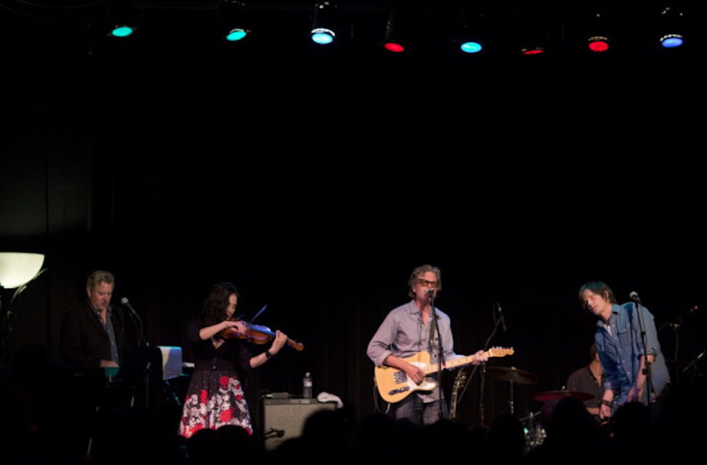 Part of Golden Smog, v. 9.0 (or so), at Sunday's Kill Kancer tribute to Karl Mueller. From left: Chan Pohling, Jessy Greene, Gary Louris and Kraig Johnson. / Photos by Jeff Wheeler