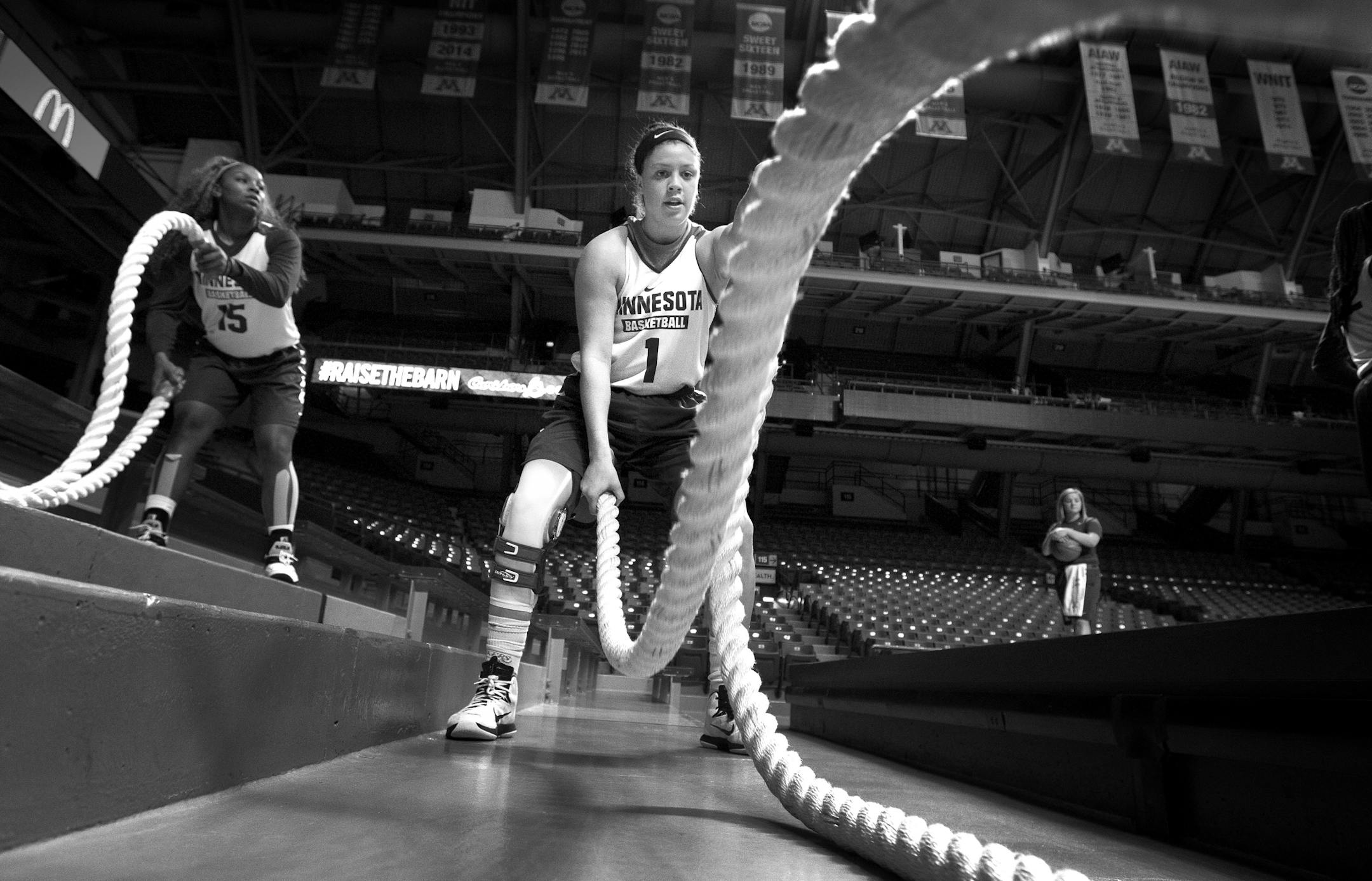 Rachel Banham worked with ropes during a practice at Williams Arena on October 29, 2015.