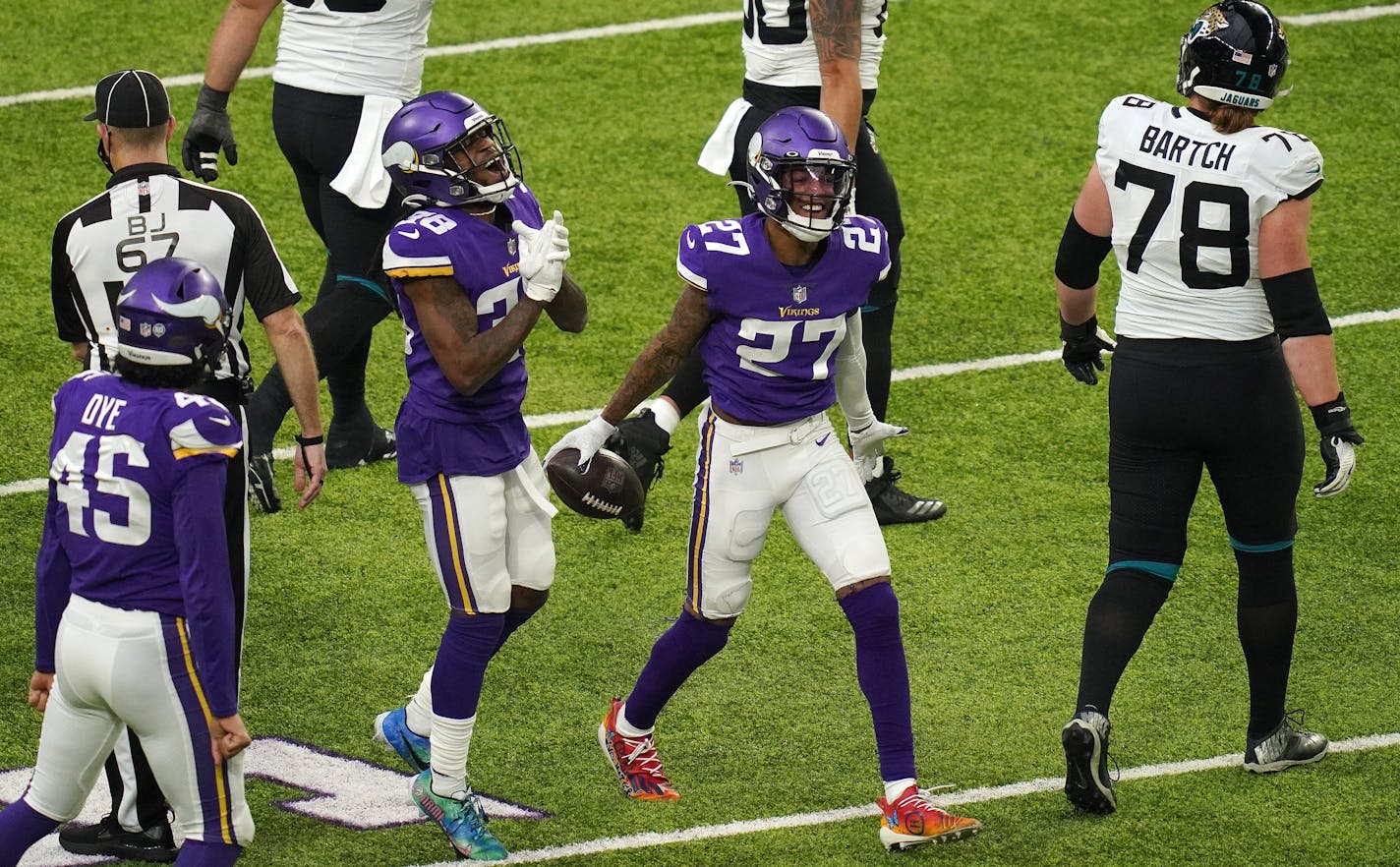 Vikings cornerback Cameron Dantzler celebrated after he recovered a fumble by Jacksonville receiver Chris Conley in the fourth quarter.