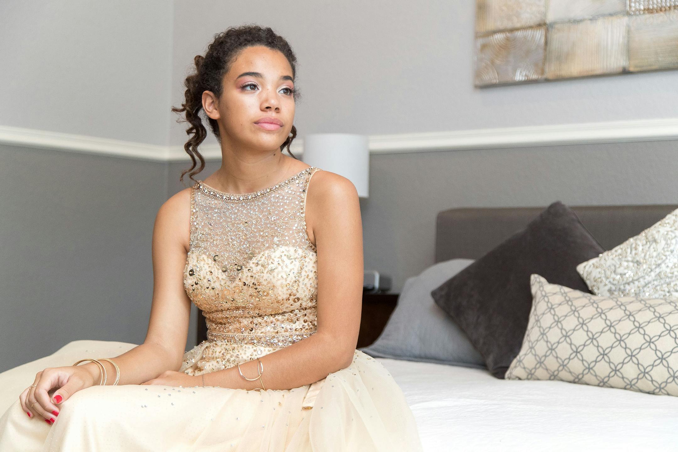 Stoneman Douglas senior Nicole Barreto gets ready for her prom on Saturday May 5, 2018 in Parkland, Fla. Barreto, a member of the band, was good friends with Carmen Schentrup, one of the 17 victims of the shooting at the school in February. (Jennifer Lett/Sun Sentinel/TNS) ORG XMIT: 1230399