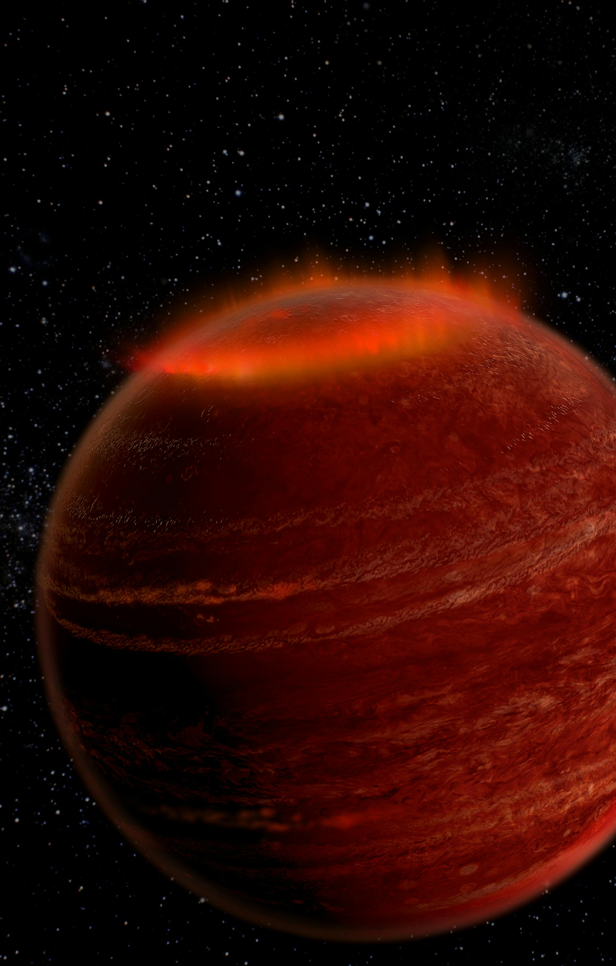 A Caltech scientist and colleagues have detected aurorae -- much like Earth's Northern Lights -- on a distant brown dwarf known as LSR J1835+3259. The discovery may aid the search for habitable planets beyond the solar system. Here, an artist's depiction of the aurorae, which are believed to be reddish in color. (Chuck Carter and Gregg Hallinan/Caltech)