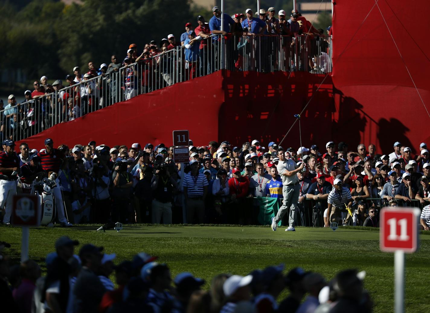 Rory McIlroy teed off on the 11th hole during the afternoon session of the Ryder Cup on Saturday.