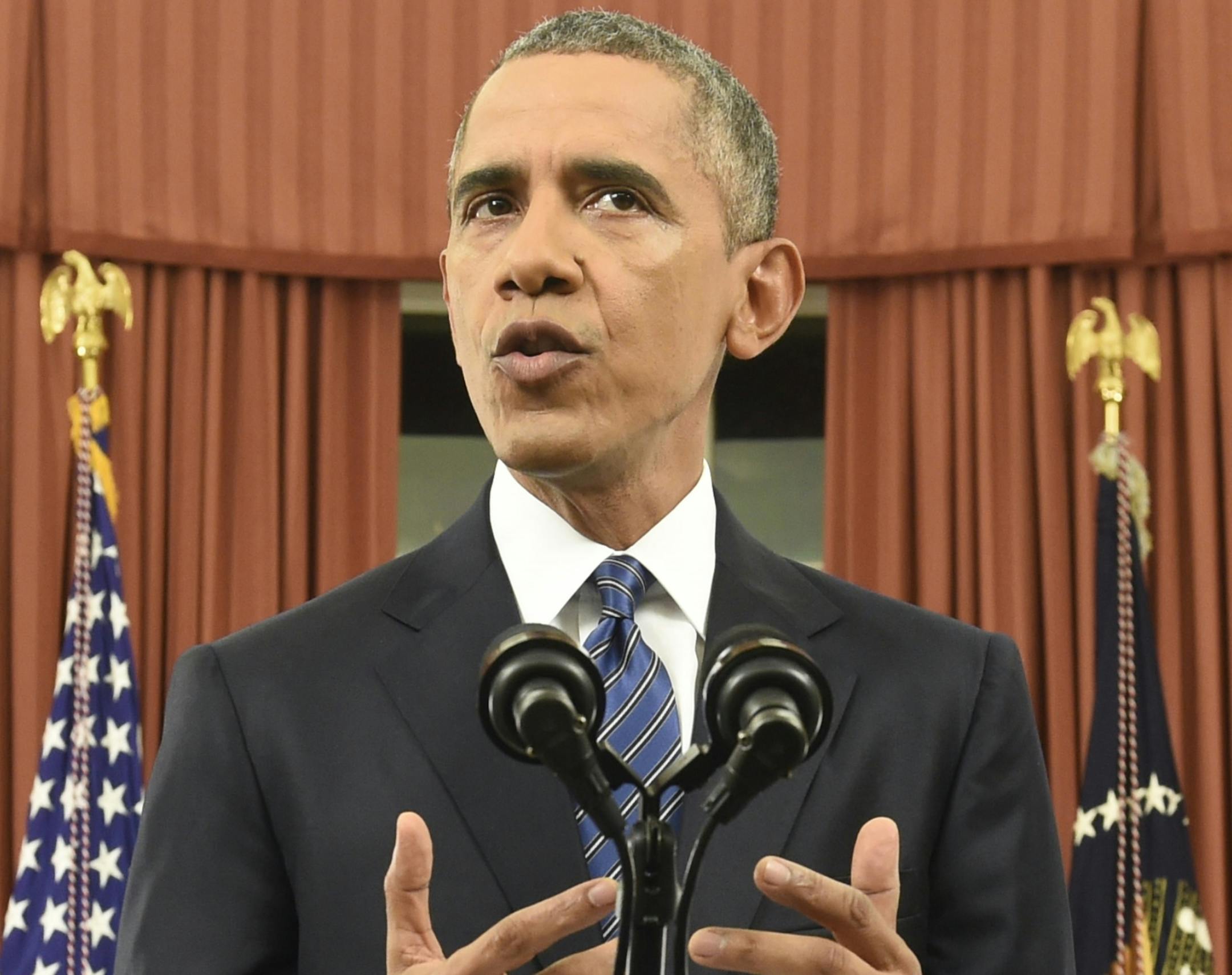 President Barack Obama addresses the nation from the Oval Office at the White House in Washington, Sunday night, Dec. 6, 2016. The address comes as recent attacks in Paris and California have raised concerns that the U.S. and other countries aren’t doing enough to prevent terror attacks. (Saul Loeb/Pool Photo via AP)