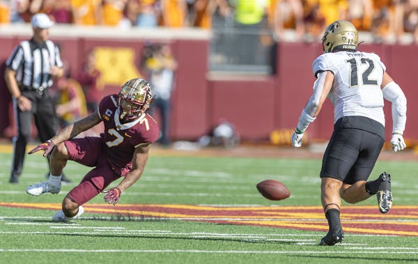 Gophers receiver Chris Autman-Bell (7) injured himself on a second quarter play in Saturday’s 49-7 victory against Colorado at Huntington Bank Stadi