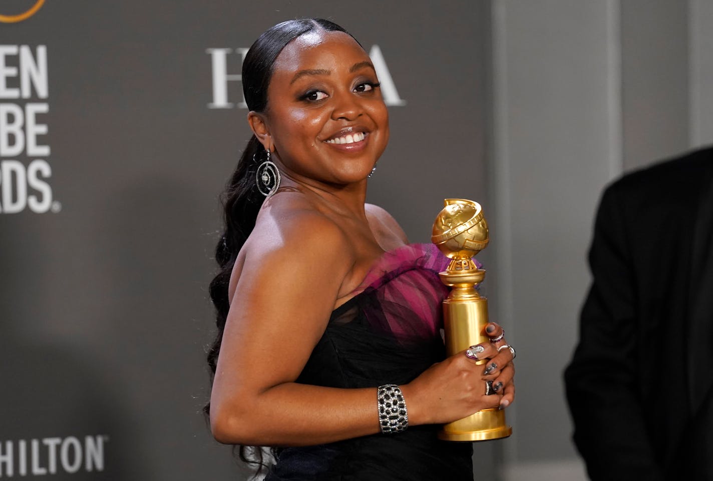 Quinta Brunson poses in the press room with the award for best performance by an actress in a television series, musical or comedy for "Abbott Elementary" at the 80th annual Golden Globe Awards at the Beverly Hilton Hotel on Tuesday, Jan. 10, 2023, in Beverly Hills, Calif. (Photo by Chris Pizzello/Invision/AP)