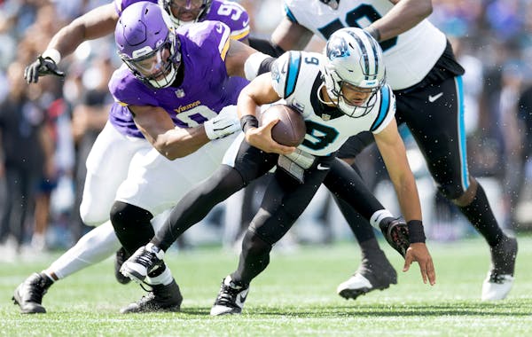 Vikings outside linebacker Marcus Davenport (0) has two sacks in four appearances — two limited by injury — this season.