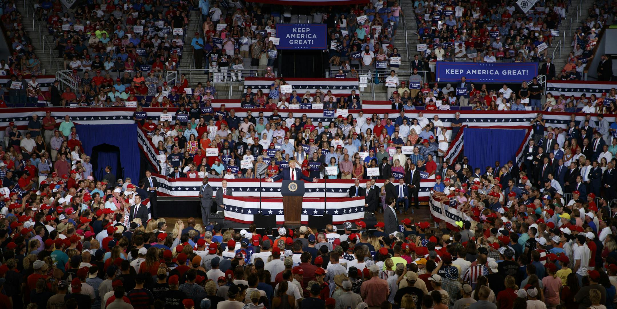 President Donald Trump speaks at a rally in Greenville, N.C., July 17, 2019. Republicans on Thursday tried to distance themselves from the “send her back” chant that broke out at the rally Wednesday night when he railed against a Somali-born congresswoman, but they once again declined to criticize Trump directly. (Tom Brenner/The New York Times)
