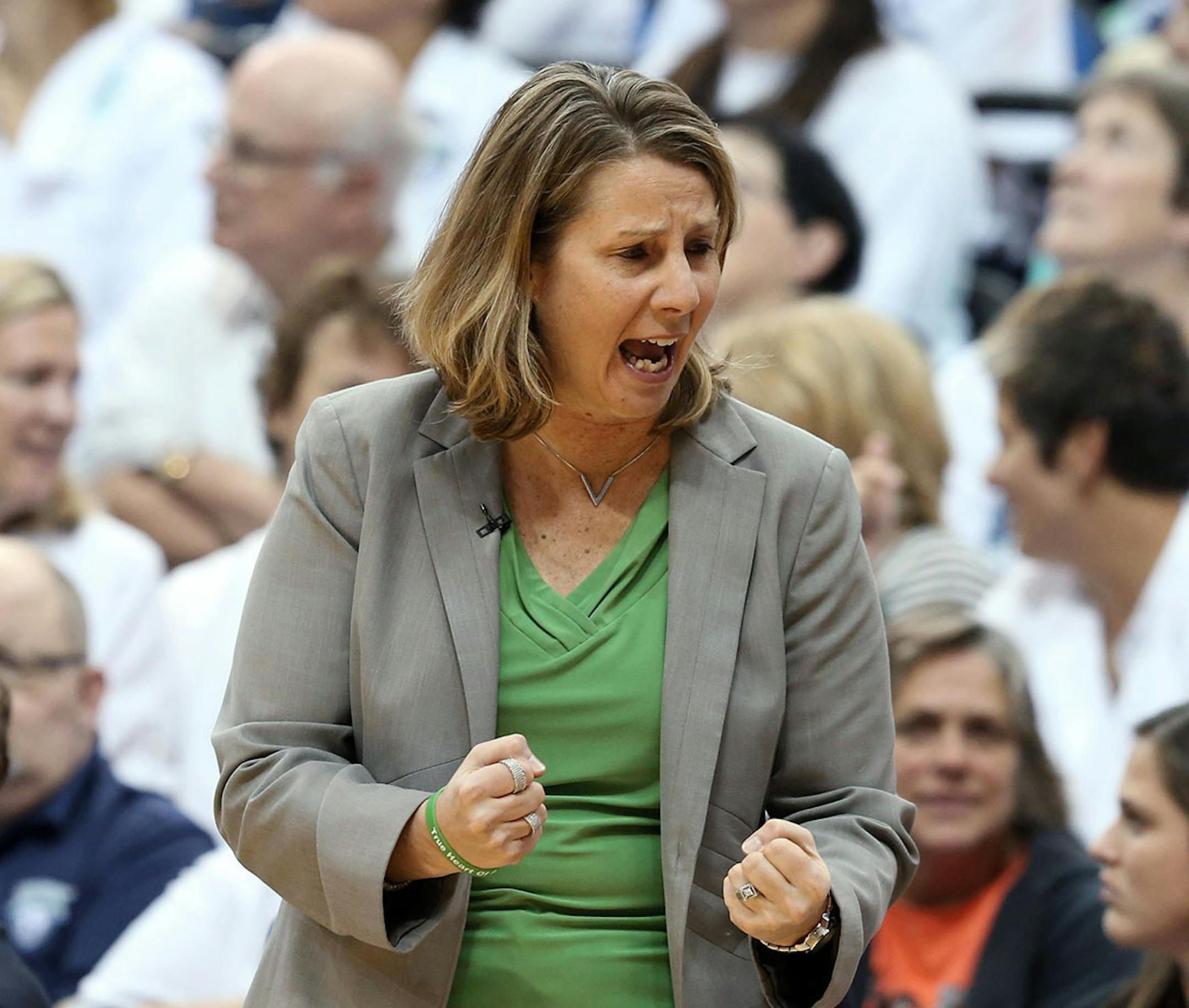 Minnesota Lynx head coach Cheryl Reeve reacts against the Indiana Fever in the first half of Game 5 of the WNBA basketball finals, Wednesday, Oct. 14, 2015, in Minneapolis.