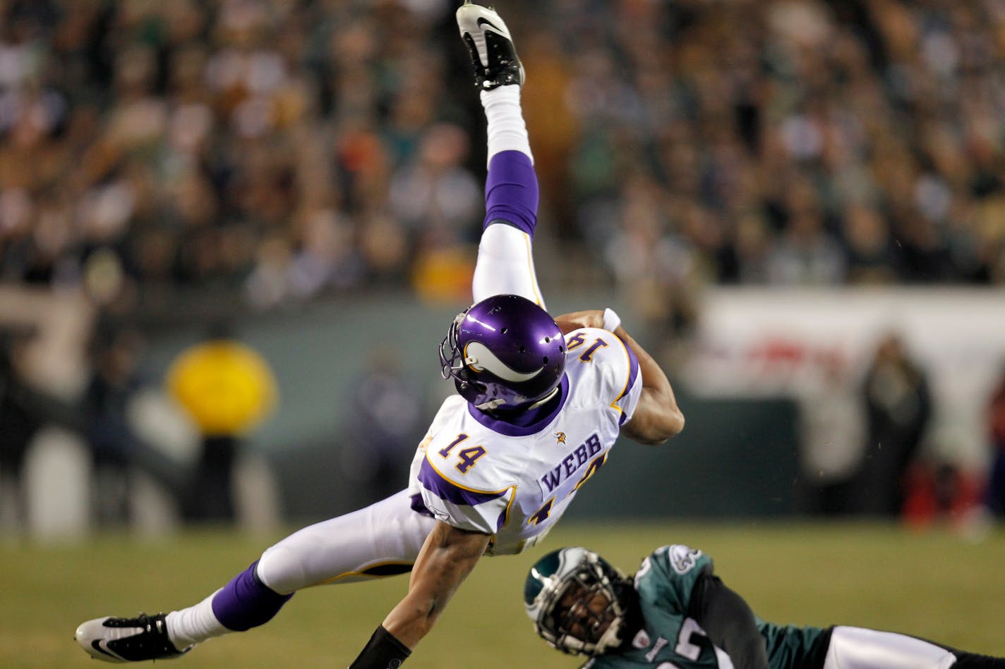 In one of only two NFL games played on a Tuesday in the past 70 years, backup quarterback Joe Webb (14) led the Vikings past the Eagles 24-14 in Philadelphia on Dec. 28, 2010.