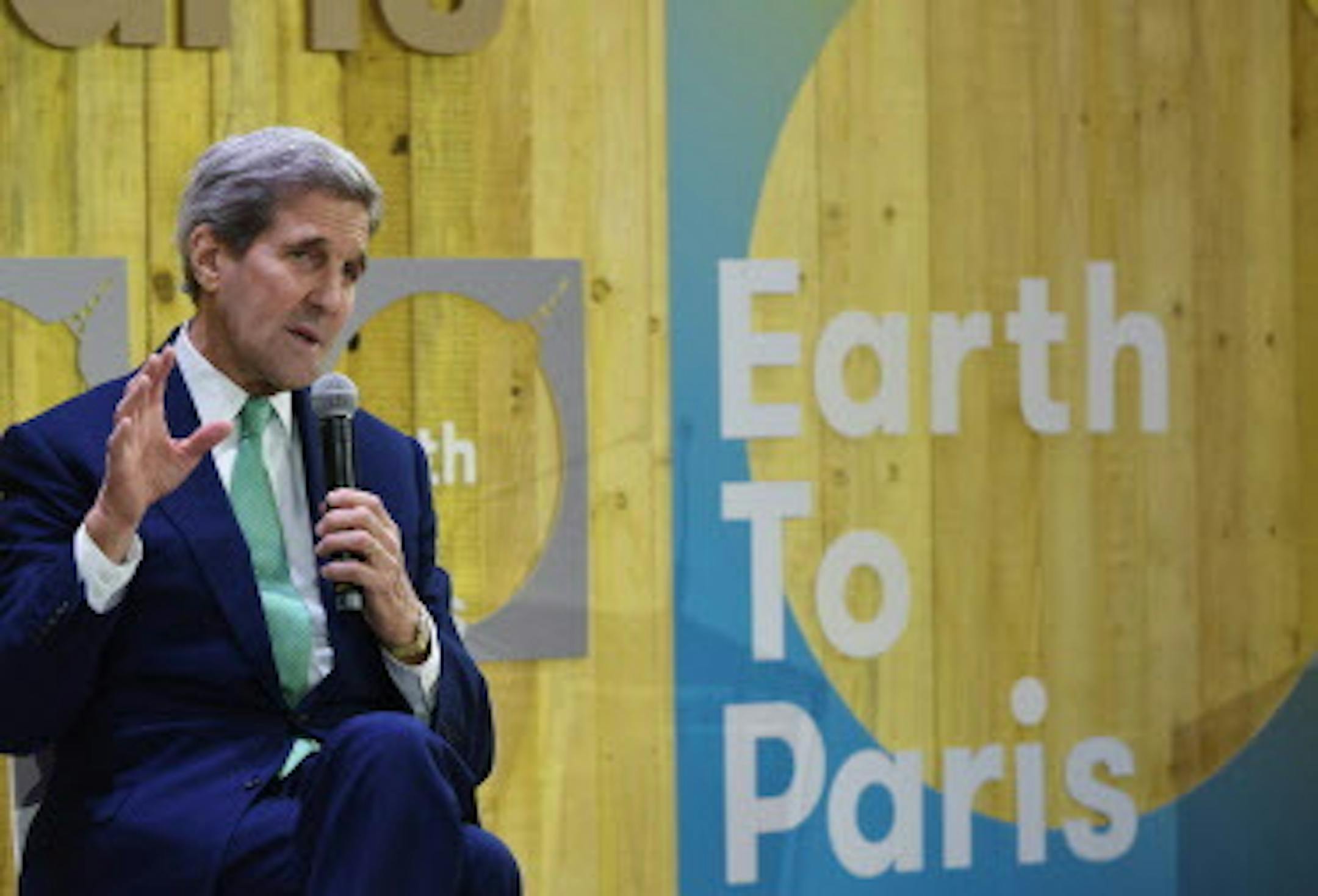 US Secretary of State John Kerry speaks at the Mashable/UN Foundation "Earth to Paris" summit at Le Petit Palais in Paris, France, on the sidelines of the COP21, the UN climate change conference, Monday, Dec. 7, 2015. (Mandel Ngan/Pool Photo via AP)