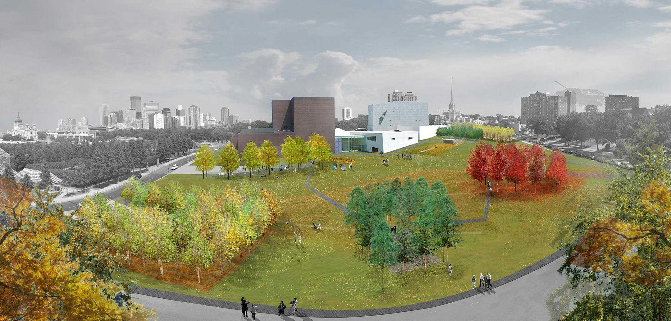 Small groves of grees including pine, maple, honey locust and birch will dot the reshaped hillside west of the Walker and overlooking the Minneapolis Sculpture Garden and downtown Minneapolis.