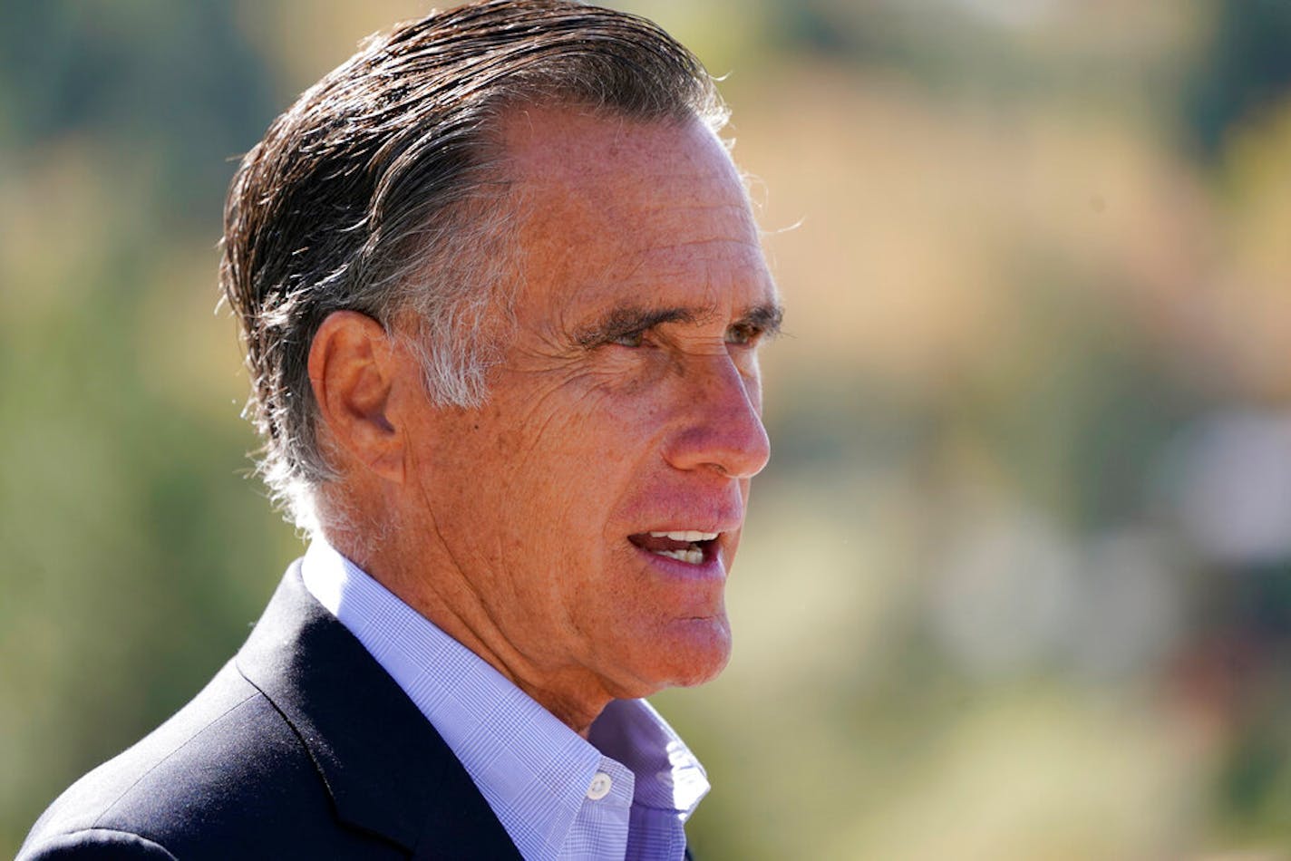 Sen. Mitt Romney, R-Utah, speaks during a news conference Thursday, Oct. 15, 2020, near Neffs Canyon, in Salt Lake City.