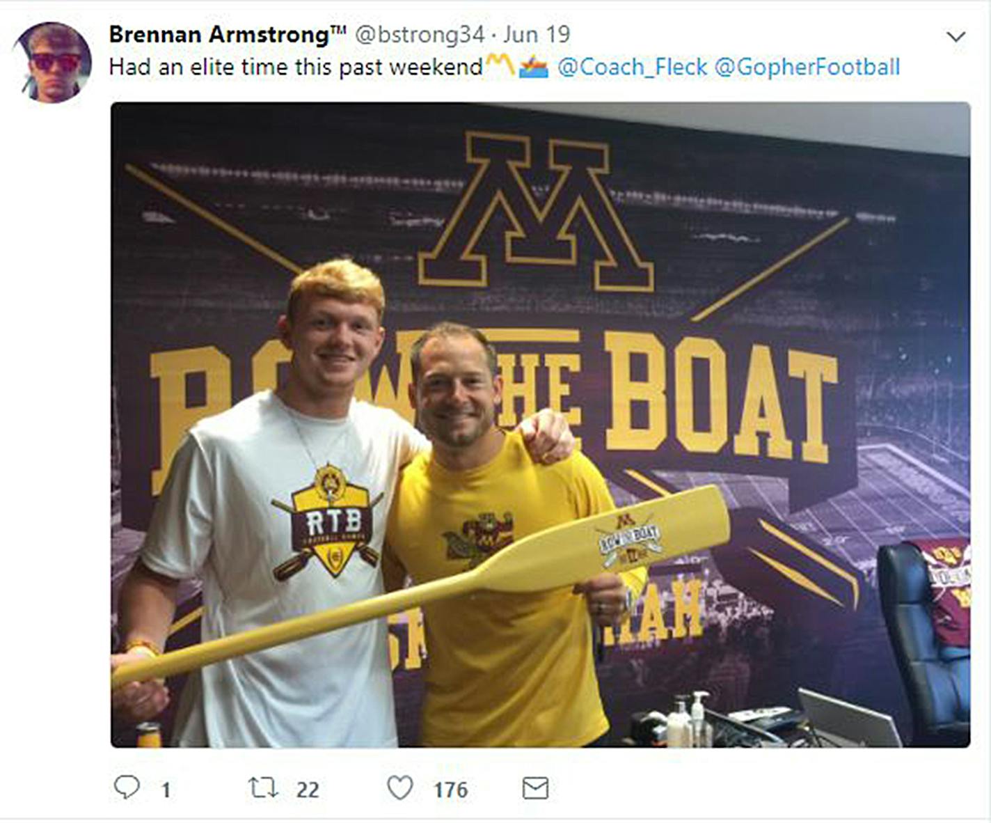 Tweet from Brennan Armstrong, Gophers quarterback recruit, in June of 2017.