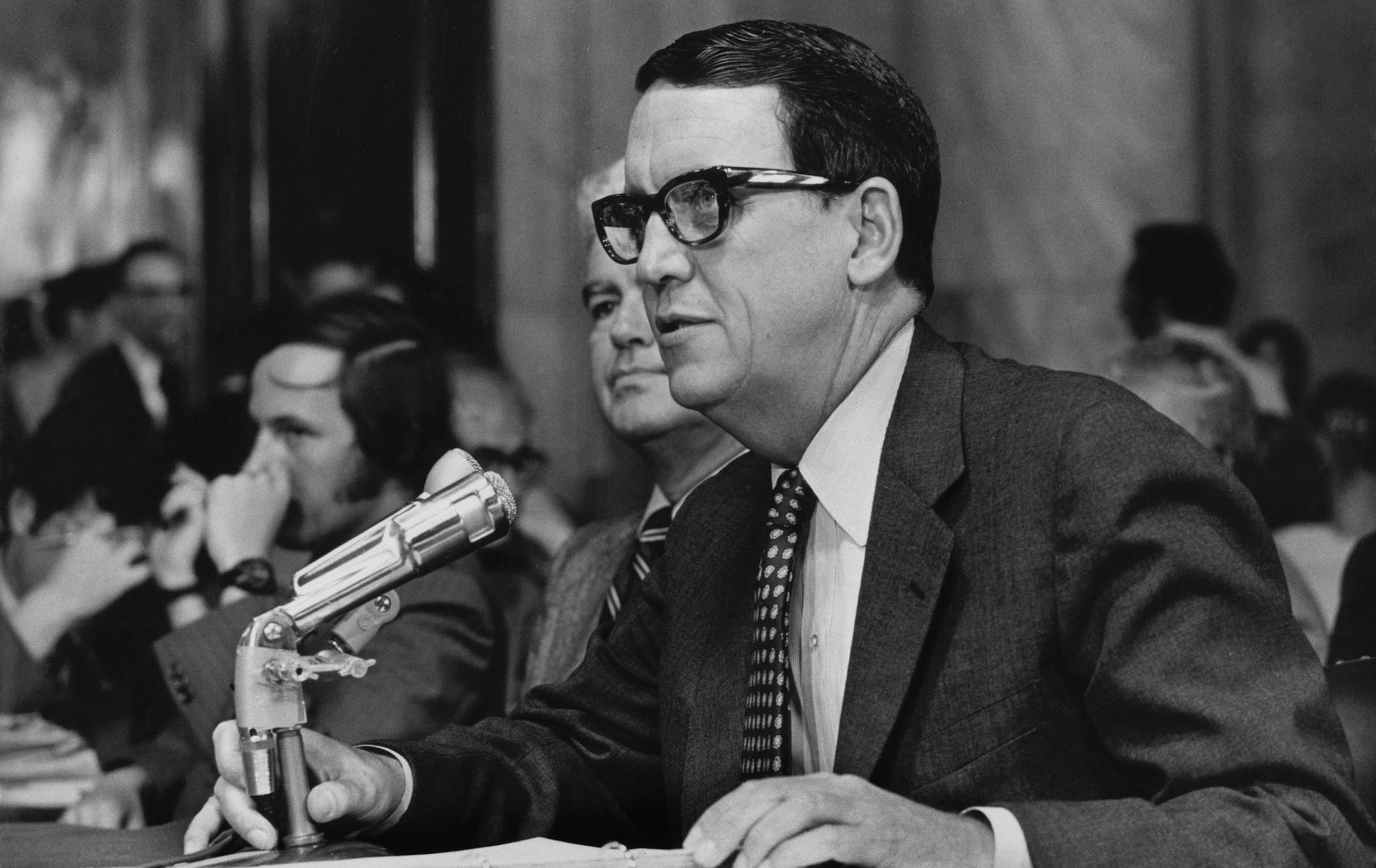 FILE -- Herbert Kalmbach, President Richard Nixon’s personal lawyer, testifies during the Senate Watergate hearings, in Washington in July of 1973. Kalmbach, a conduit for hush money from the 1972 presidential campaign to the Watergate burglars, died on Sept. 15, 2017, in Newport Beach, Calif. He was 95. (The New York Times)