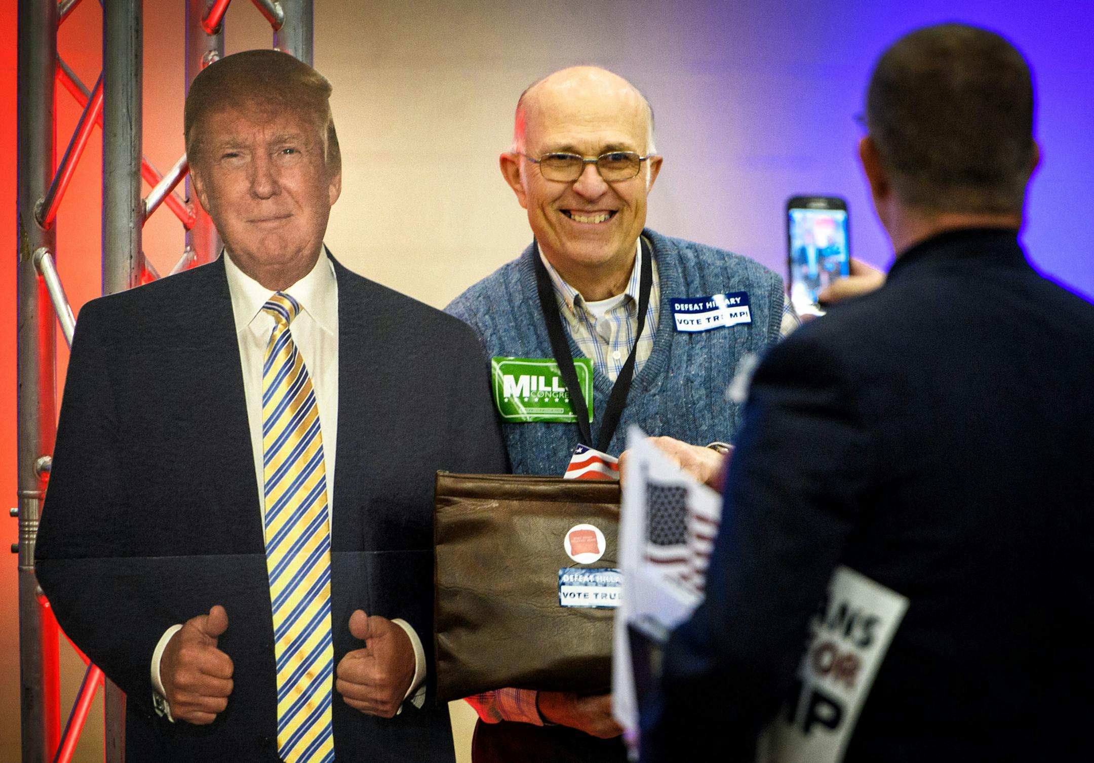 Trump supporter Jim Evenson of Mora, MN posed for a photo with his candidate at the GOP convention, Duluth. ] GLEN STUBBE * gstubbe@startribune.com Friday, May 20, 2016 The Minnesota GOP gathers in the Duluth on Friday for their state convention at an uncertain time for the party. Republicans in the state remain badly split over Donald Trump, wondering how his presidential candidacy will affect the party's efforts to hold its state House majority and to rebuild its statewide prospects ahead of p