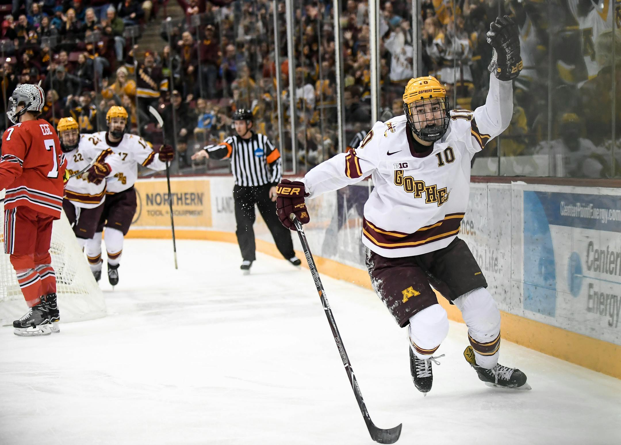 Minnesota Golden Gophers forward Brent Gates Jr. (10) celebrated his equalizing goal in the third period, tying up the game 1-1 against the Ohio State Buckeyes. ] AARON LAVINSKY &#x2022; aaron.lavinsky@startribune.com The University of Minnesota Golden Gophers mens hockey team played the Ohio State University Buckeyes Saturday, Feb. 17, 2018 at the 3M Arena at Mariucci in Minneapolis, Minn.