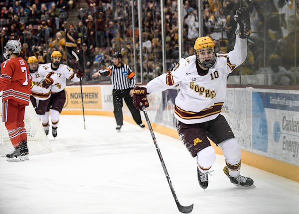 Minnesota Golden Gophers forward Brent Gates Jr. (10) celebrated his equalizing goal in the third period, tying up the game 1-1 against the Ohio State