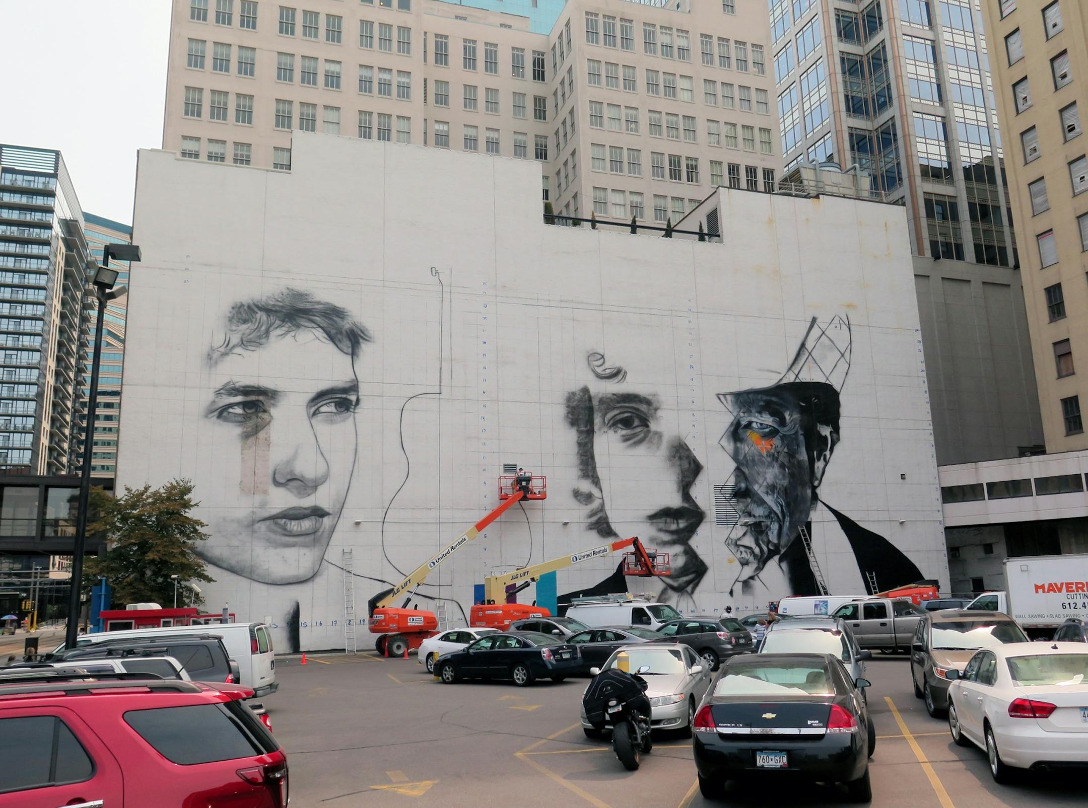 The blank white wall facing the corner of 5th and Hennepin Ave shot Saturday August 29, 2015. The 'canvas' for a mural by Brazillian artist Kobra- with multiple images of Bob Dylan.