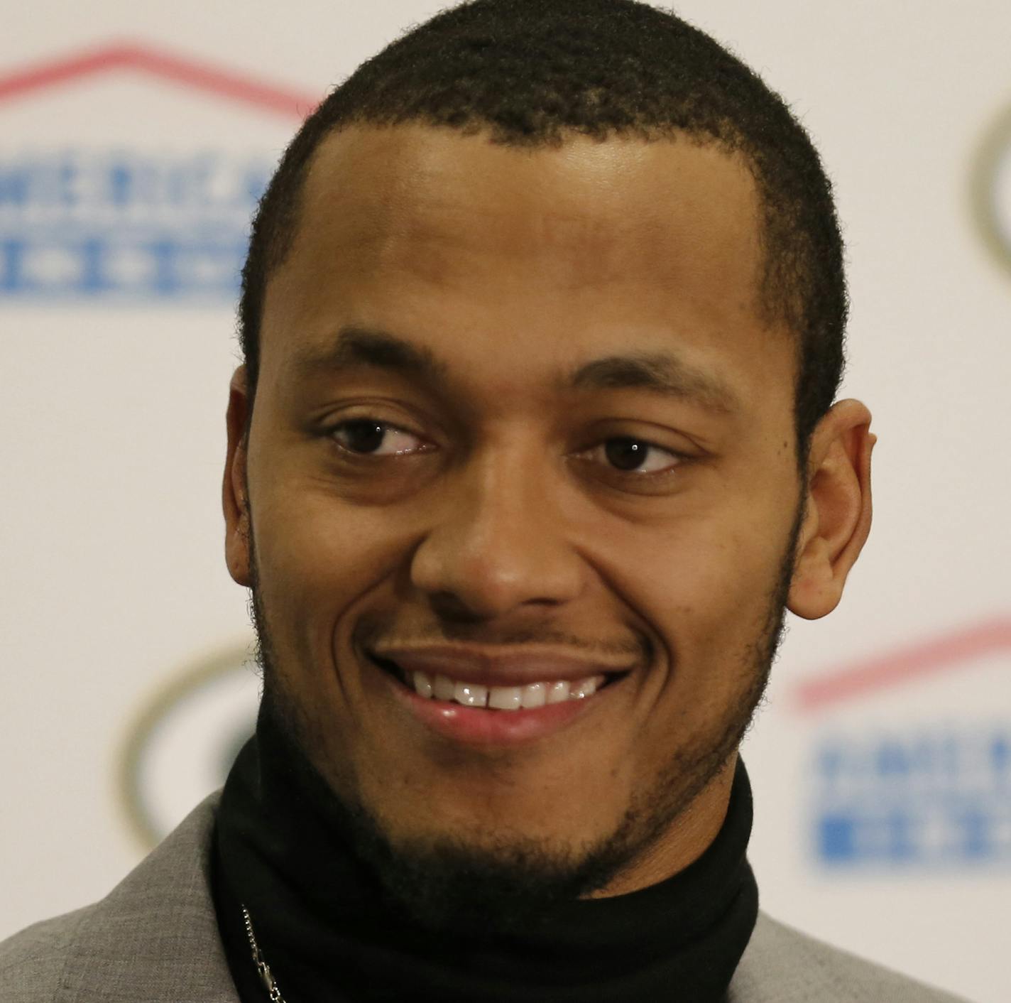 Green Bay Packers quarterback Brett Hundley smiles during a news conference after an NFL football game against the Cleveland Browns, Sunday, Dec. 10, 2017, in Cleveland. (AP Photo/Ron Schwane) ORG XMIT: MIN2017122020463650