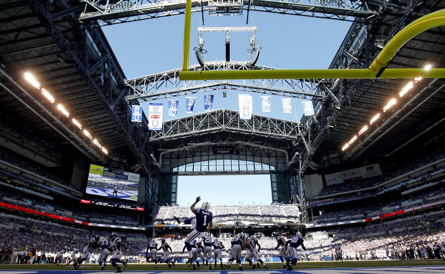 Colts punter Pat McAfee (1) punted from the end zone at Lucas Oil Stadium in the third quarter. Indianapolis beat Minnesota by a final score of 23-20. ] CARLOS GONZALEZ cgonzalez@startribune.com - September 16, 2012 , Indianapolis, Indiana, NFL, Lucas Oil Stadium, Minnesota Vikings vs. Indianapolis Colts