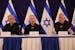 FILE - From left, Israeli Prime Minister Benjamin Netanyahu, Defense Minister Yoav Gallant and Cabinet Minister Benny Gantz speak during a news confer