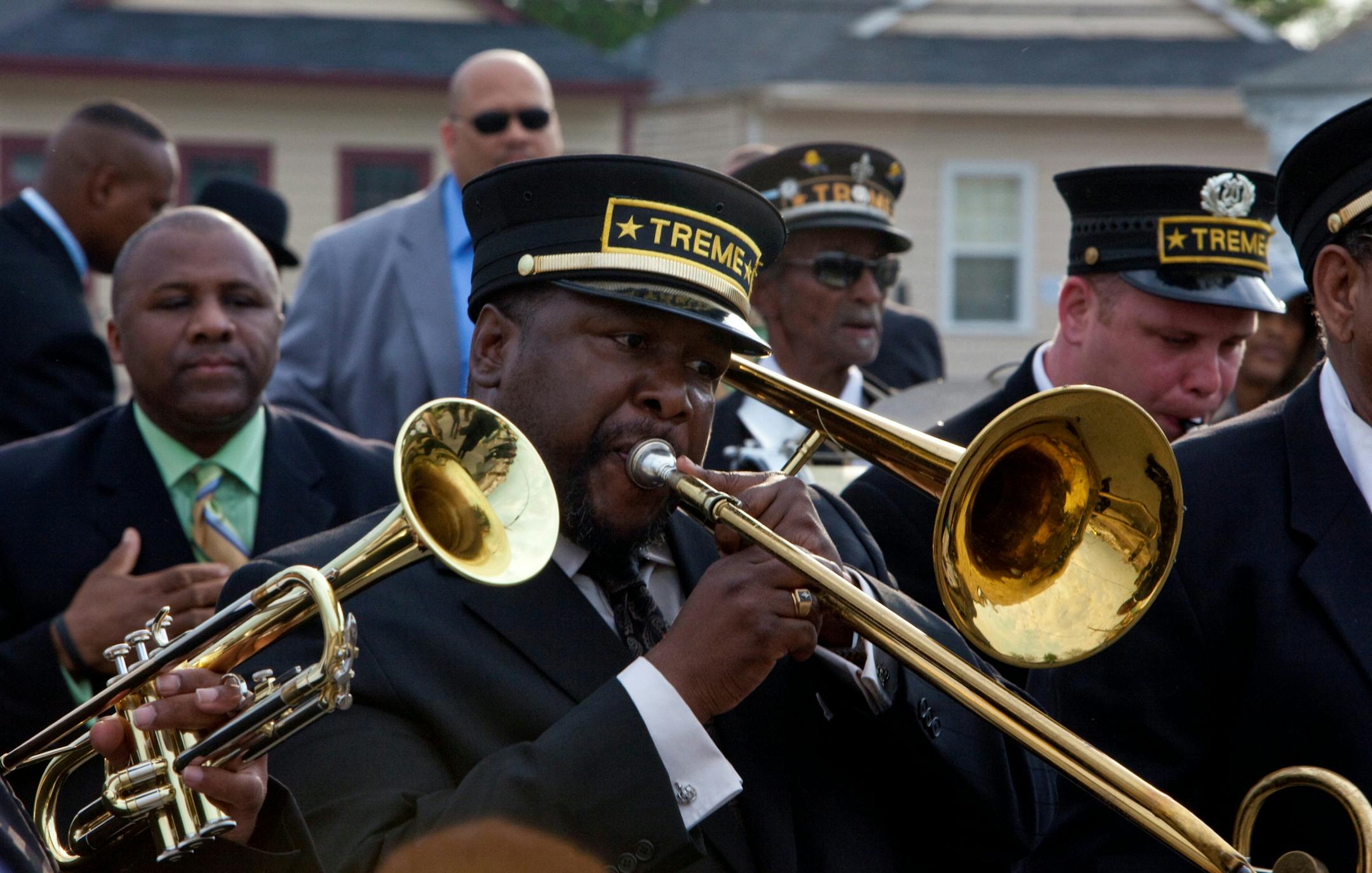 Antoine Batiste (Wendell Pierce on trombone) of the Treme Brass Band in the funeral march as it continues on to the cemetery in Scene 82 of the pilot episode of TREME: "Do You Know What It Means" in New Orleans, Louisiana. *** Local Caption *** Antoine Batiste (Wendell Pierce on trombone)