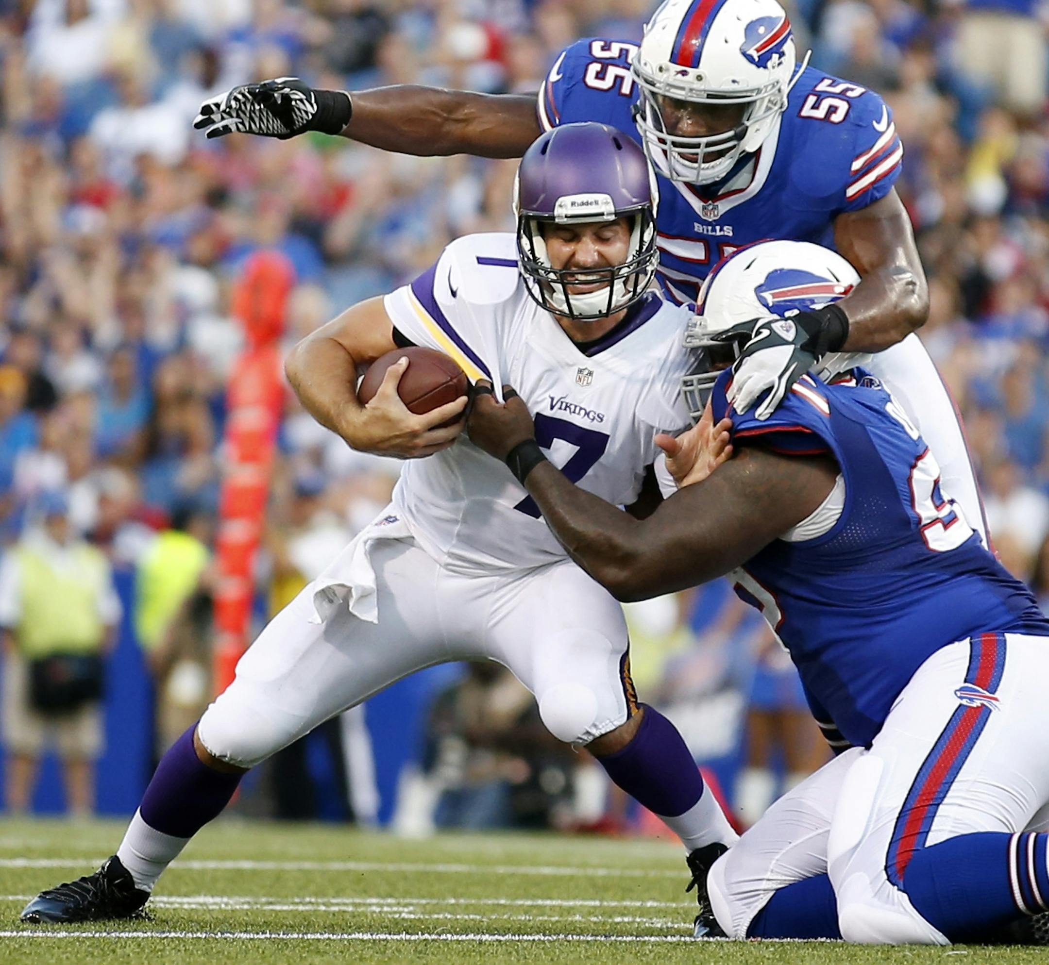 Bills defenders wrapped up Vikings QB Christian Ponder after a play broke down Friday night.