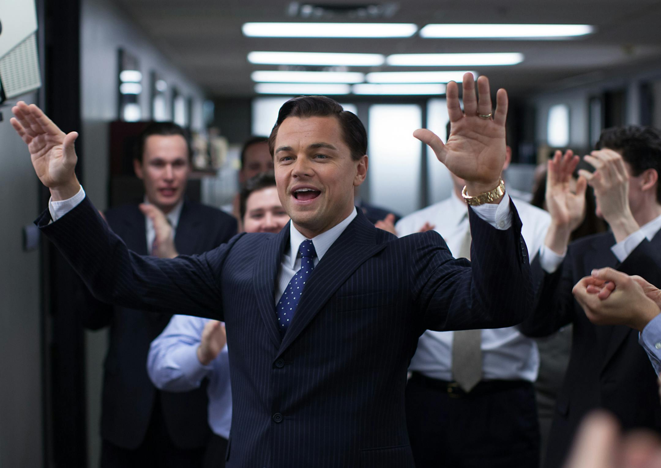 This photo released by Paramount Pictures shows, Leonardo DiCaprio as Jordan Belfort in 'The Wolf of Wall Street," from Paramount Pictures and Red Granite Pictures. The film is nominated for five Oscars including best picture, but came very close to never getting made. The 86th Academy Awards will be presented on Sunday, March 2, 2014, in Los Angeles. (AP Photo/Paramount Pictures, Mary Cybulski)